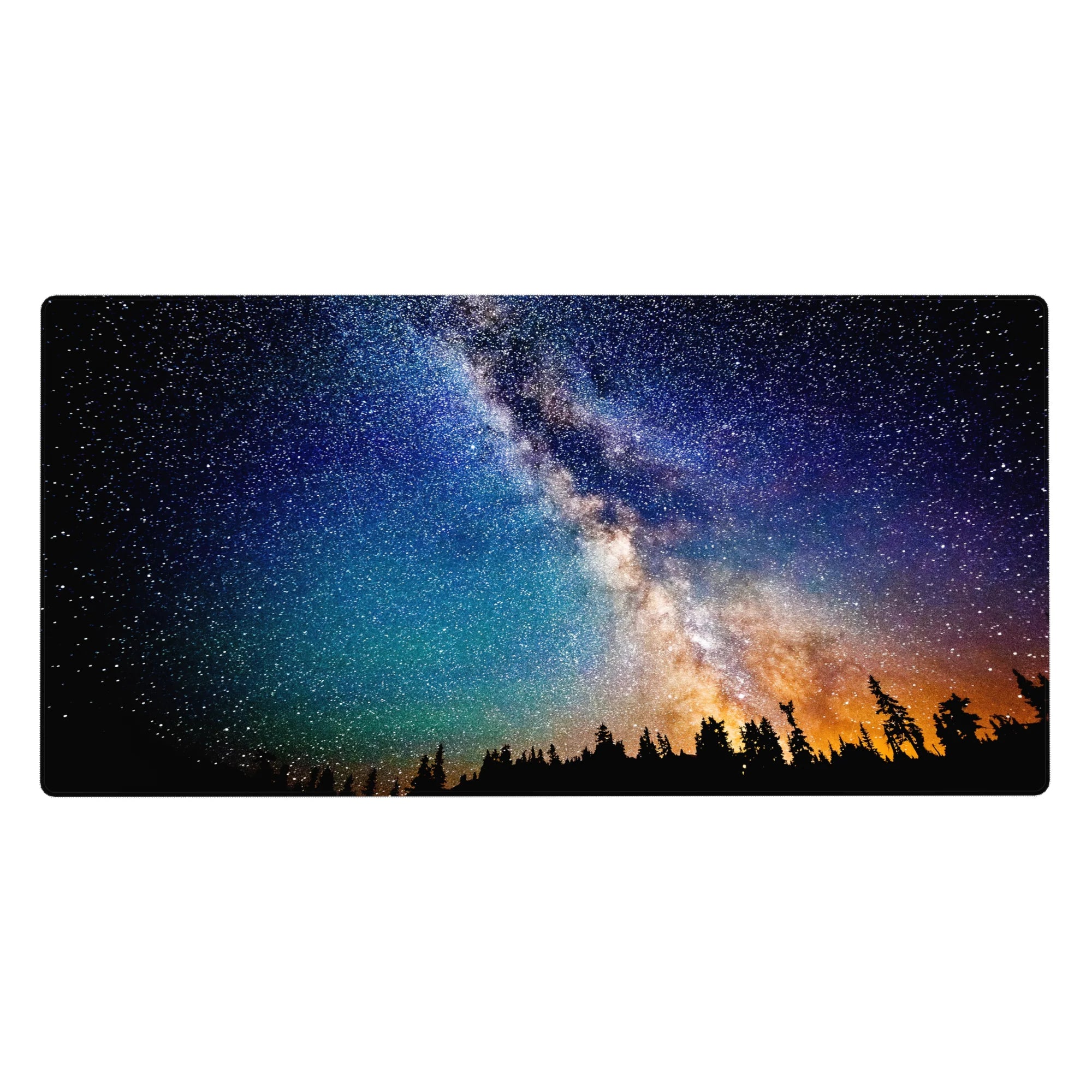 Milky Way night hike landscape desk pad, 40x20 inches, with stars and warm horizon glow.