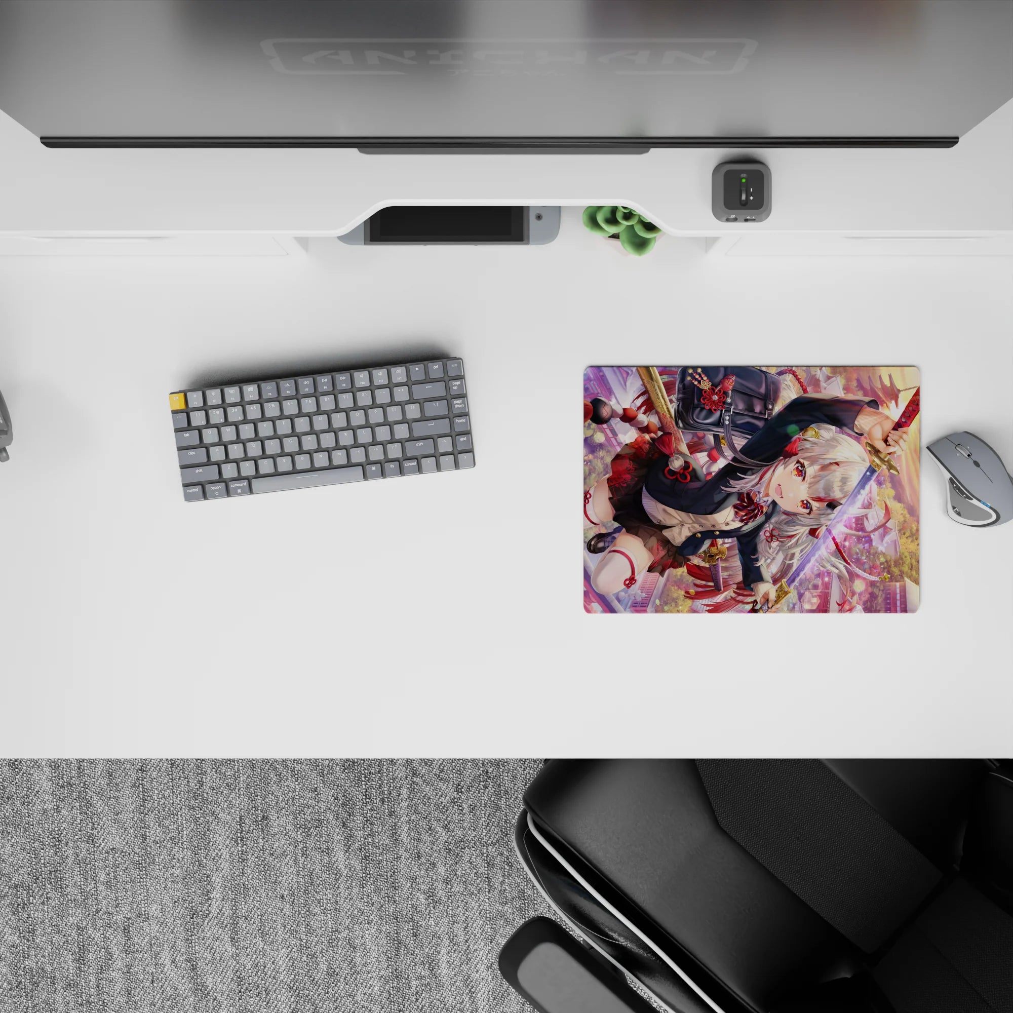 Sunset bokeh anime mouse pad 14x10 inches in red, black, and gold with intense ruby-eye energy.