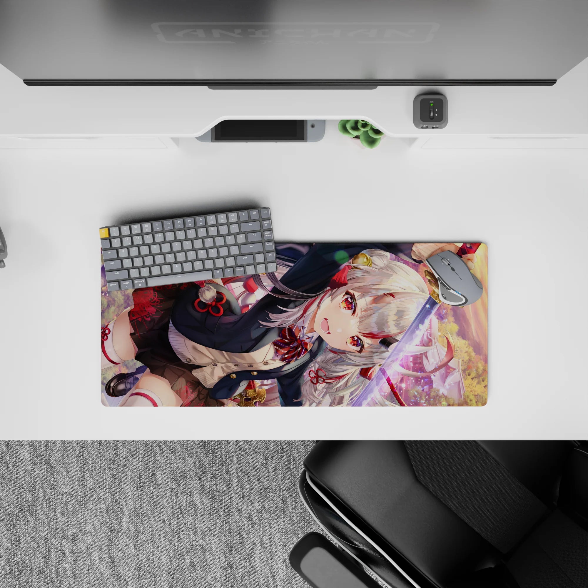 Sunset bokeh anime girl mouse pad 28x12 inches in warm reds and gold, ruby eyes, sleek katana energy.
