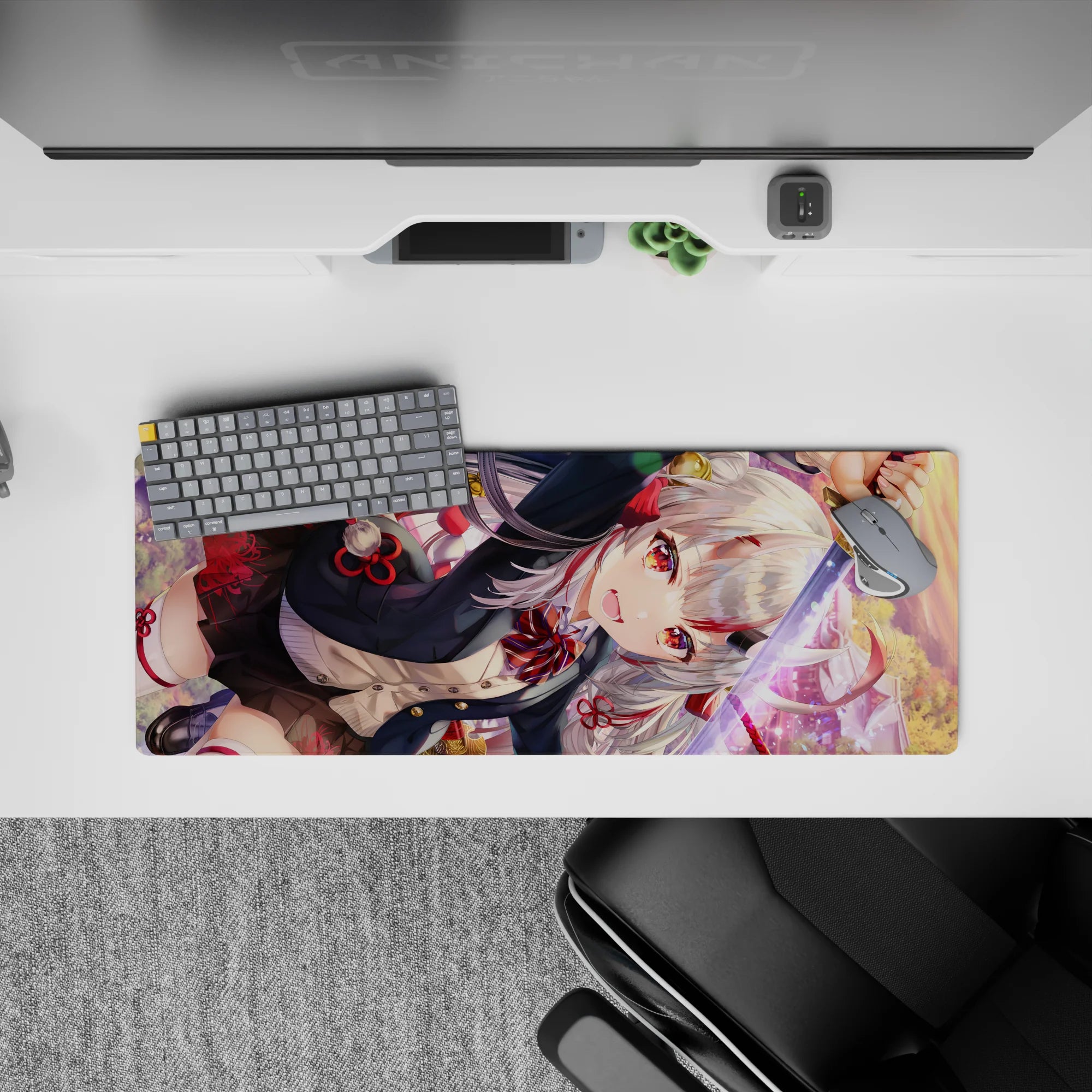 Sunset bokeh anime girl mouse pad 32x12 inches in red, black, and gold with ruby-eyed intensity.