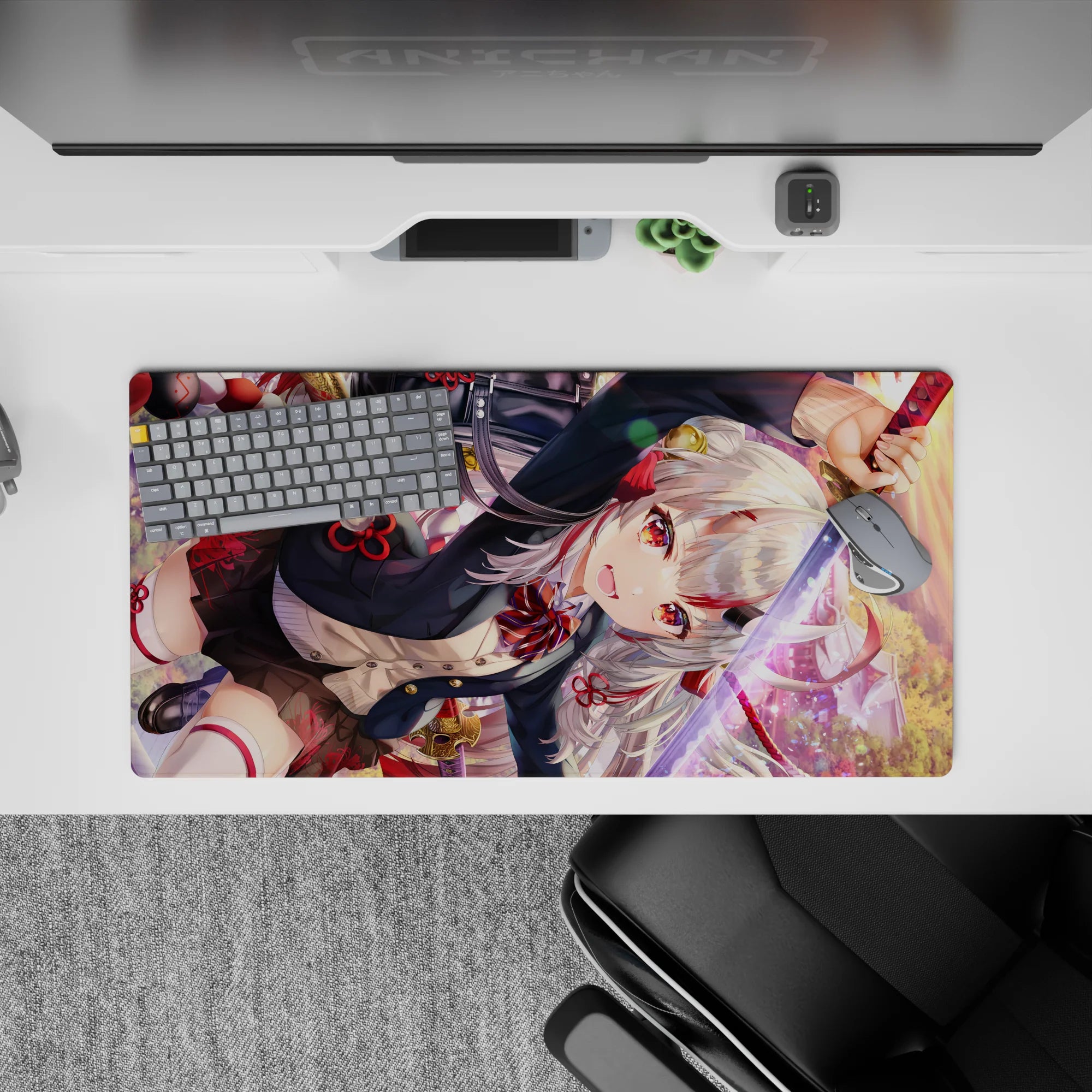 32x16 inches anime girl mouse pad in warm sunset bokeh, ruby eyes, bold red-black-gold palette.
