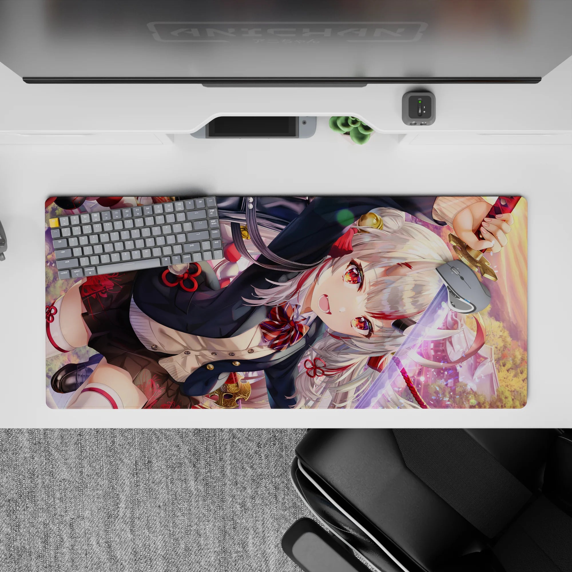 Sunset bokeh anime desk pad 36x16 inches in silver, ruby red, black and gold, cute yet intense vibe.