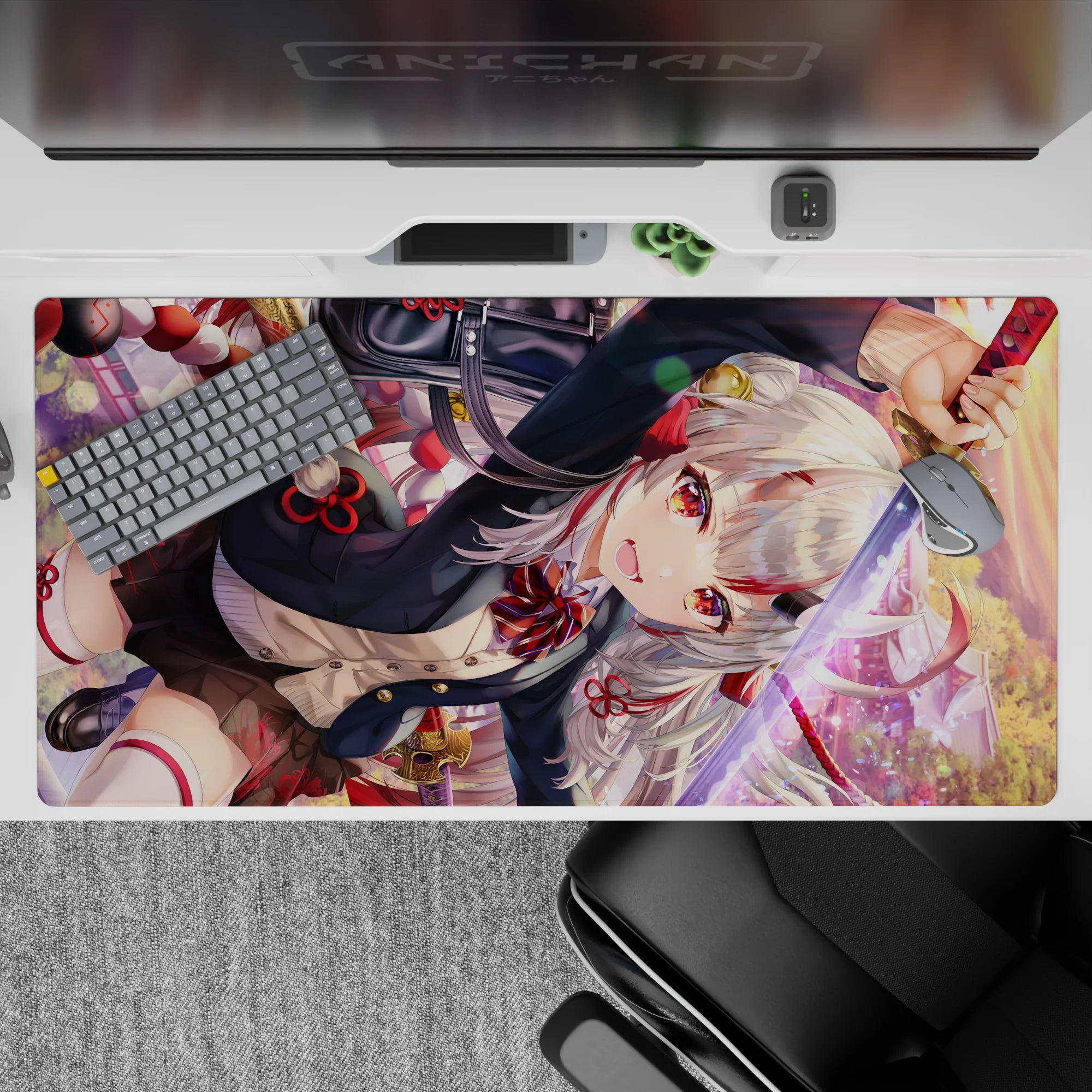 Sunset bokeh anime desk pad 40x20 inches in red, black, and gold with intense shrine-warrior energy.