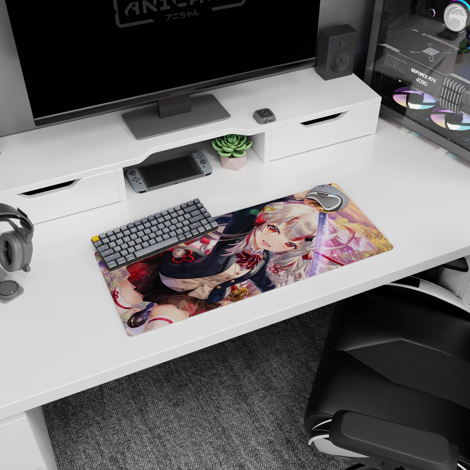 Silver-haired, ruby-eyed shrine-warrior slicing with a katana on an anime girl mouse pad 28x12 inches.
