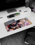 Silver-haired, ruby-eyed shrine-warrior slicing with a katana on an anime girl mouse pad 28x12 inches.