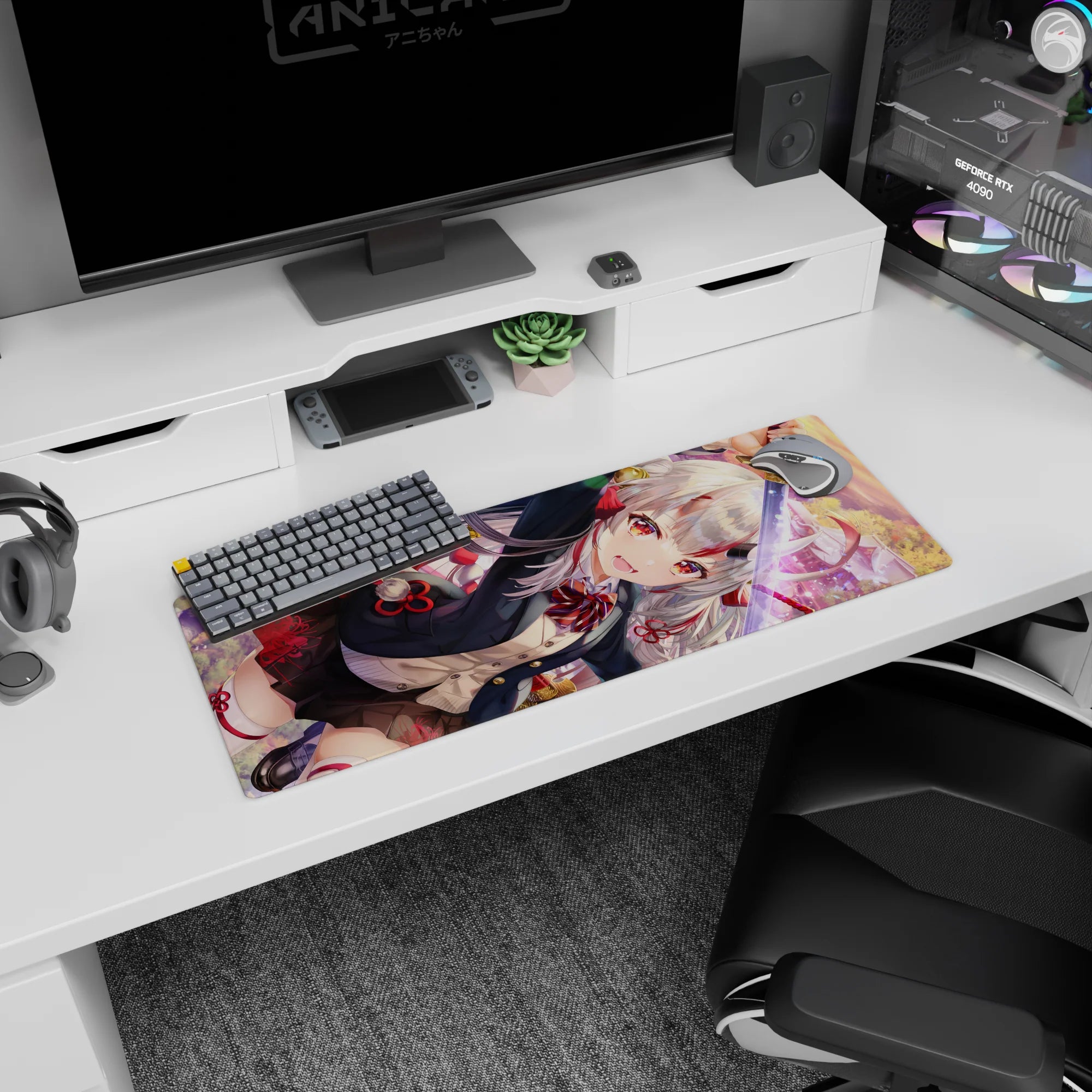 Silver-haired, ruby-eyed shrine warrior slashing a katana at sunset on an anime girl mouse pad 32x12 inches.