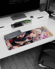 Silver-haired, ruby-eyed shrine warrior slashing a katana at sunset on an anime girl mouse pad 32x12 inches.