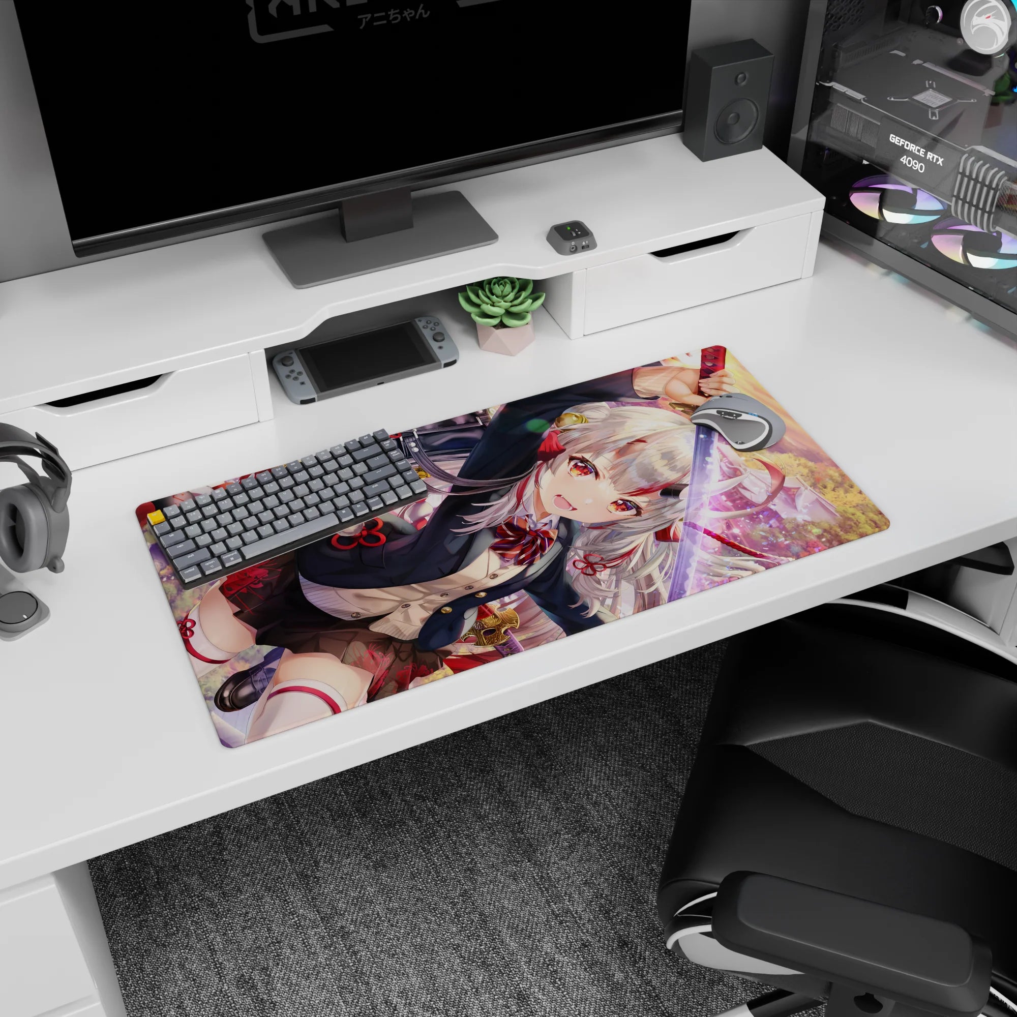 32x16 inches anime girl mouse pad showing silver-haired shrine-warrior slicing with a katana at dusk.