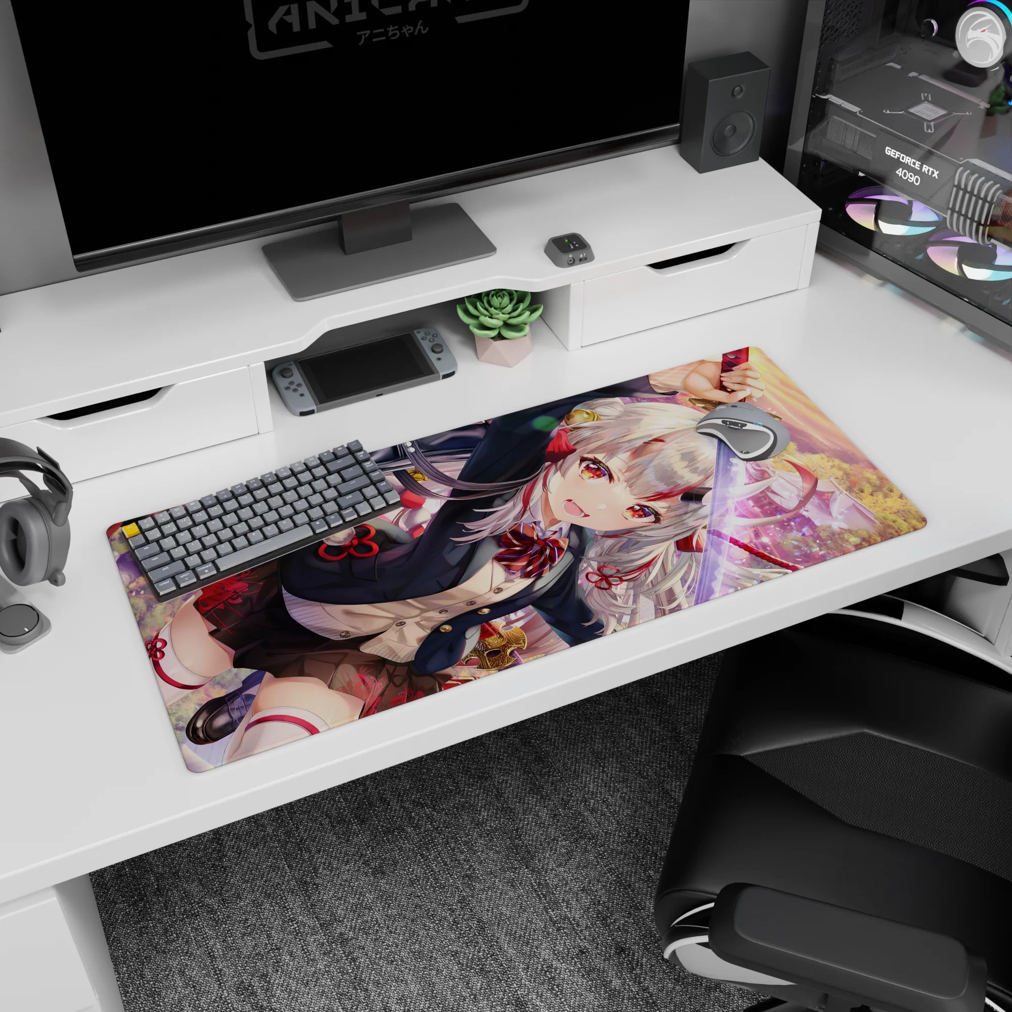 Silver-haired, ruby-eyed shrine warrior slashing with a katana at sunset on a 36x16 inches anime desk pad.
