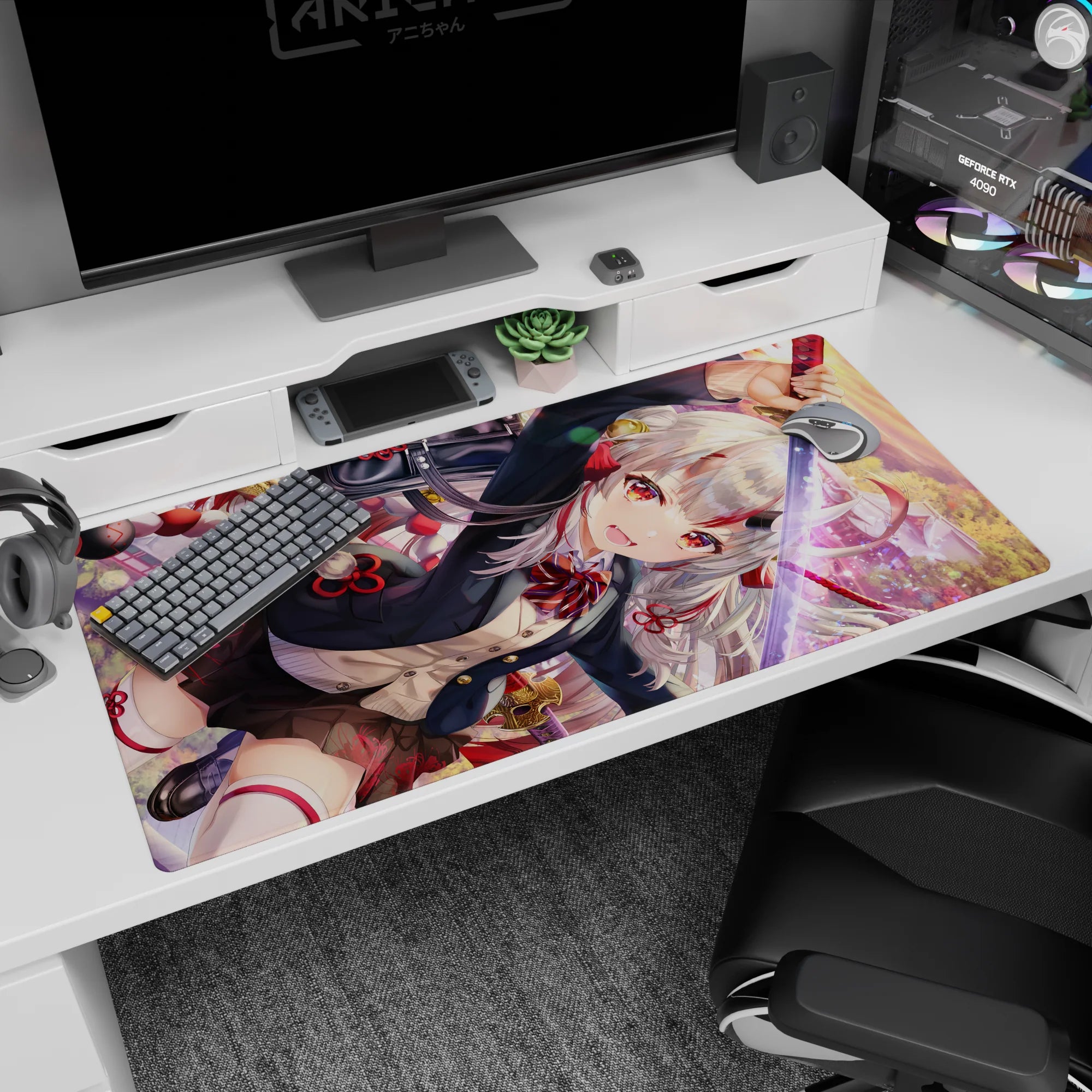 Silver-haired ruby-eyed swordswoman slashing katana on anime desk pad 40x20 inches at sunset.