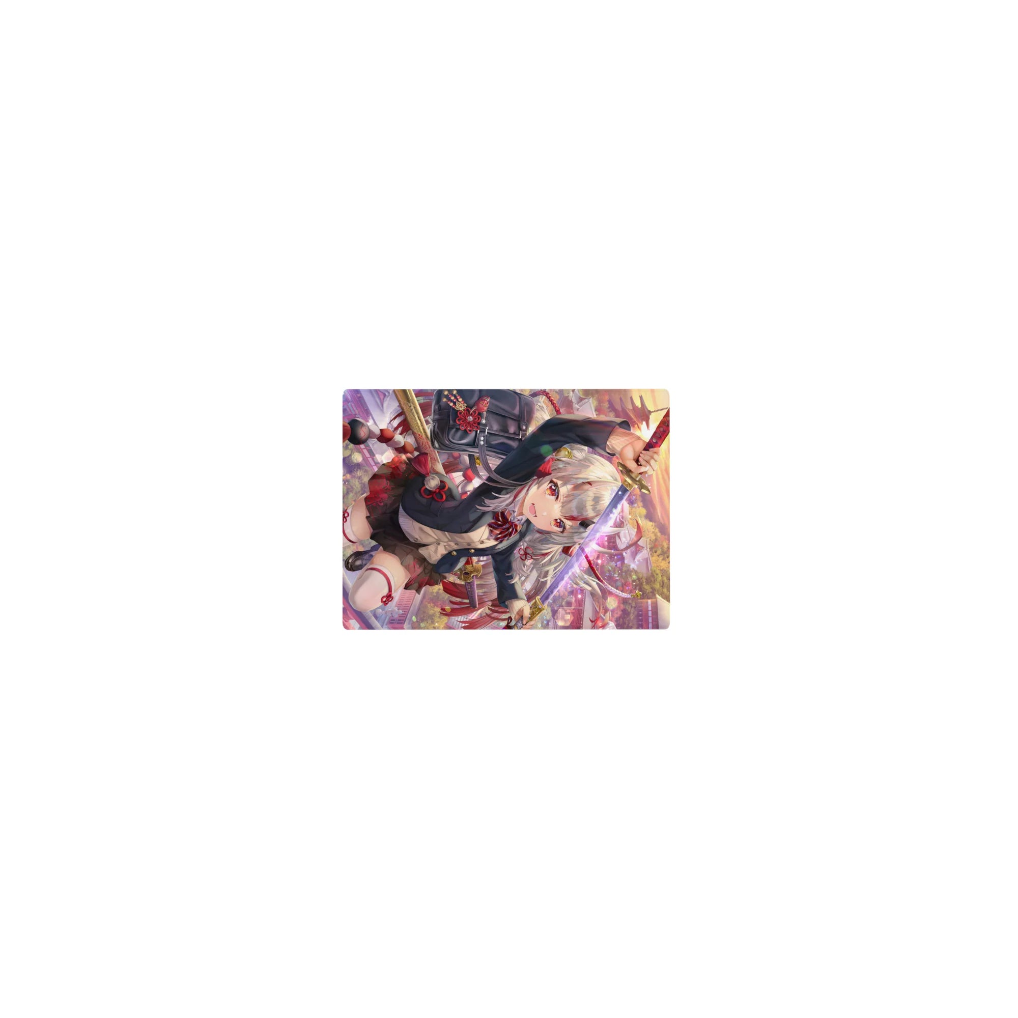 Classic anime girl mouse pad 14x10 inches, silver-haired shrine warrior with katana, ribbons and gold accents.