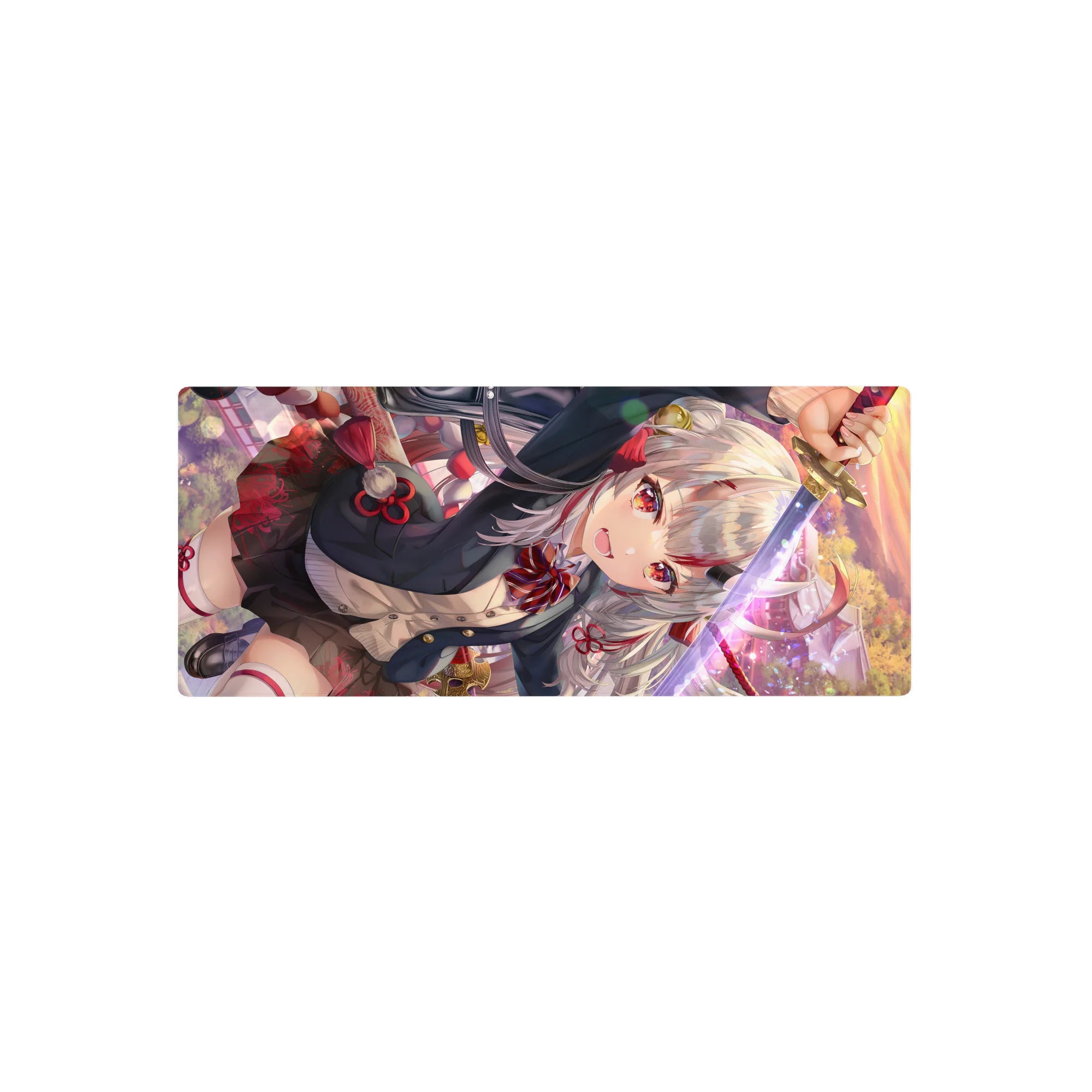 Anime girl mouse pad 28x12 inches with silver-haired swordswoman, red ribbons, black uniform, gold accents.