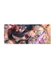 Anime girl mouse pad 28x12 inches with silver-haired swordswoman, red ribbons, black uniform, gold accents.