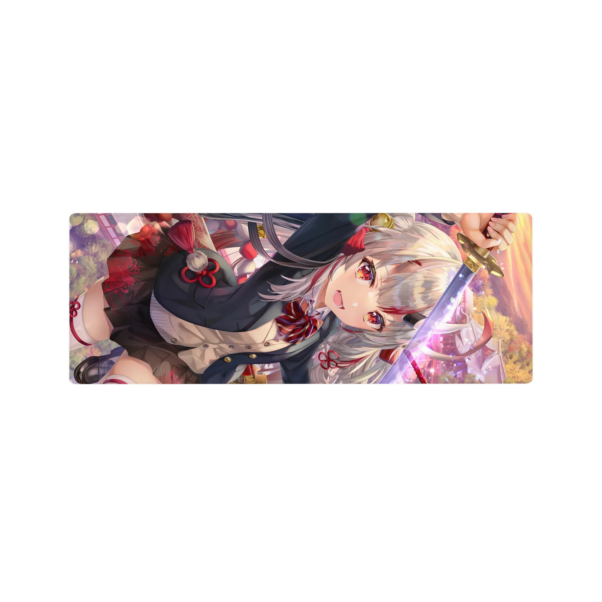 Anime girl mouse pad 32x12 inches with silver-haired katana warrior, ribbons, black uniform, gold accents.