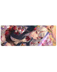Anime girl mouse pad 32x12 inches with silver-haired katana warrior, ribbons, black uniform, gold accents.