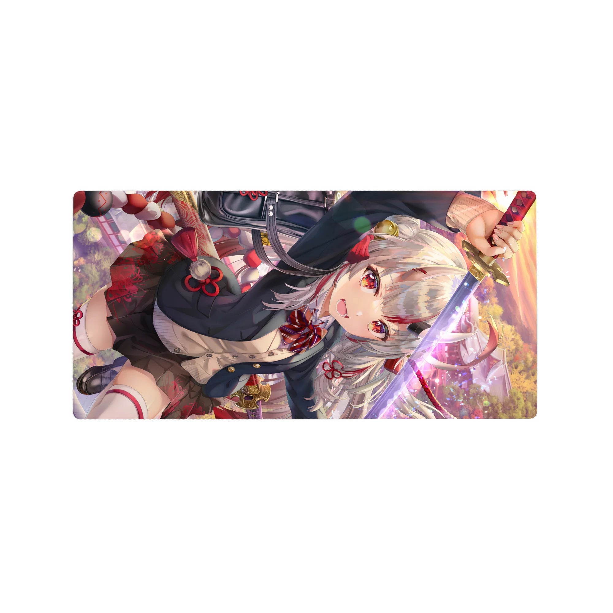 32x16 inches anime girl mouse pad with silver-haired katana warrior, red ribbons, black uniform, gold accents.