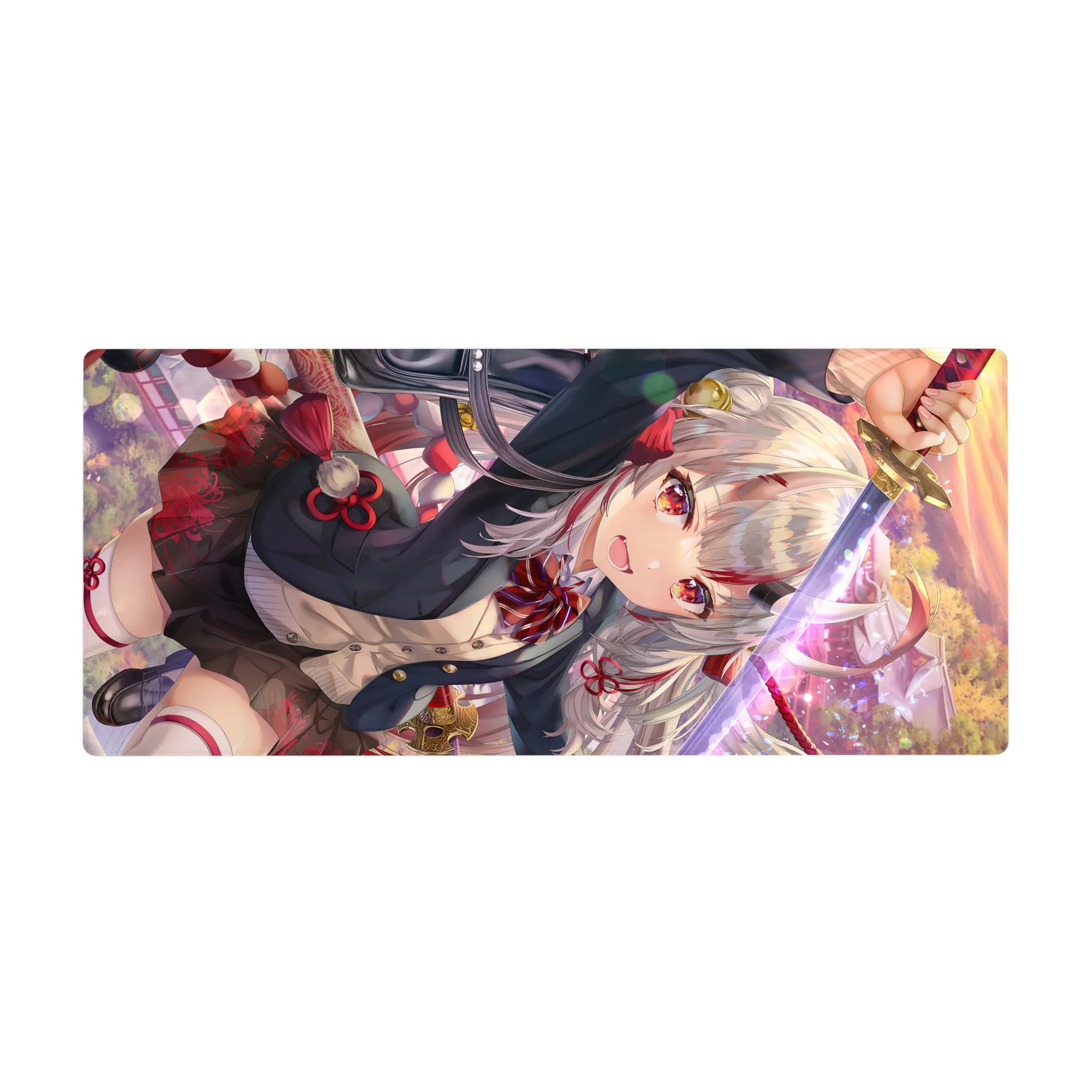 Anime girl desk pad 36x16 inches with silver-haired katana warrior, red ribbons, black uniform, gold accents.
