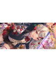 Anime girl desk pad 36x16 inches with silver-haired katana warrior, red ribbons, black uniform, gold accents.
