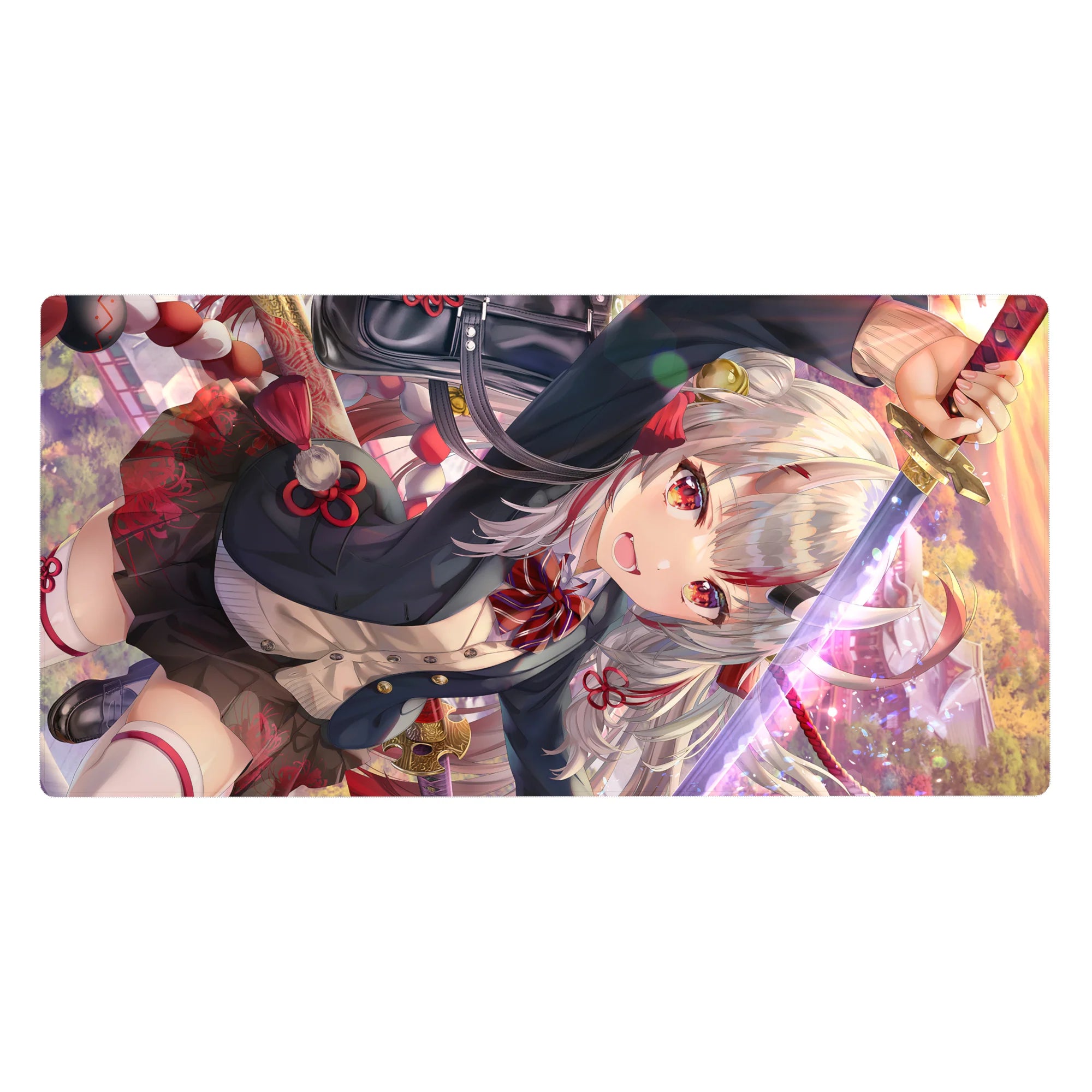 Anime girl desk pad 40x20 inches with silver-haired katana warrior, ribbons, black uniform, gold accents.