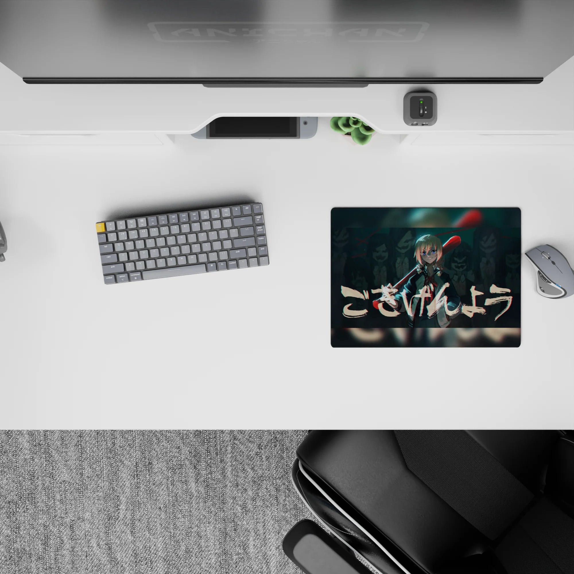 Neon teal shadows and glitchy red highlights anime mouse pad 14x10 inches, late-night arcade vibe.