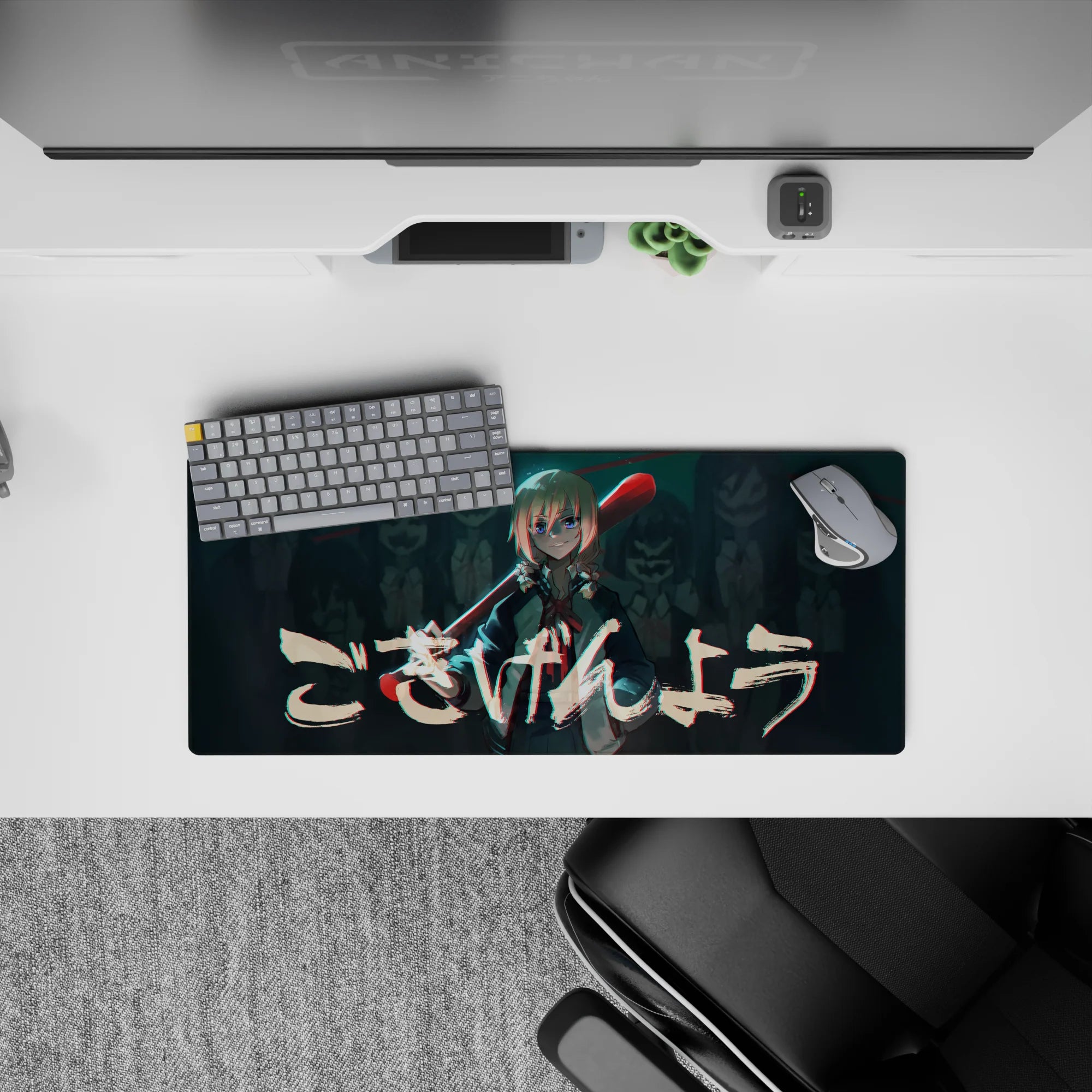 28x12 inches anime mouse pad in teal shadows and glitchy red highlights, late-night arcade cyber vibe.