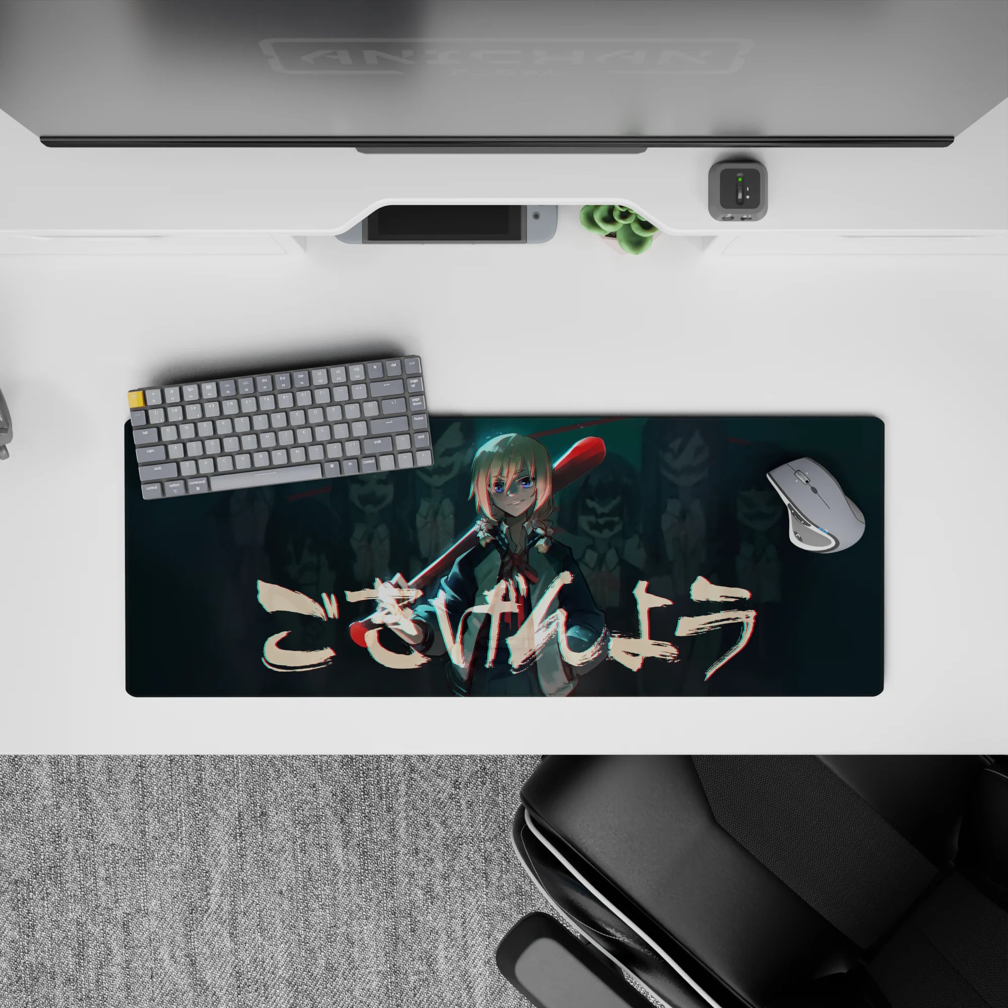 32x12 inches anime mouse pad in teal shadows with glitchy red highlights, late-night arcade cyber vibe.
