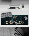 32x12 inches anime mouse pad in teal shadows with glitchy red highlights, late-night arcade cyber vibe.