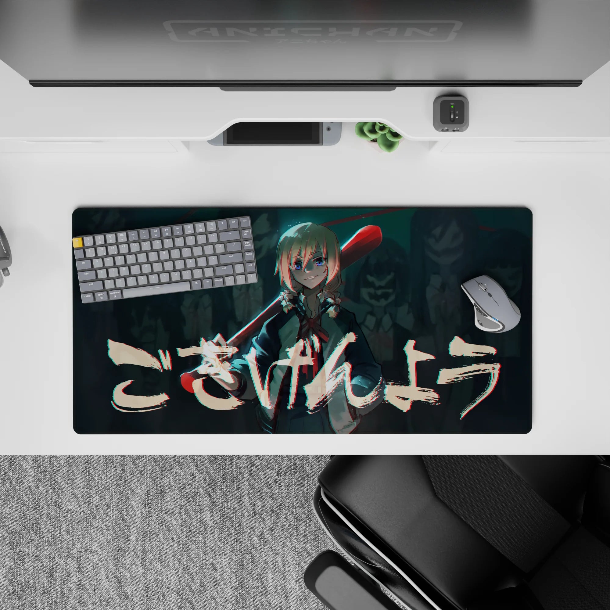 32x16 inches anime mouse pad in teal shadows with glitchy red highlights, late-night arcade cyber vibe.