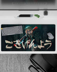 32x16 inches anime mouse pad in teal shadows with glitchy red highlights, late-night arcade cyber vibe.