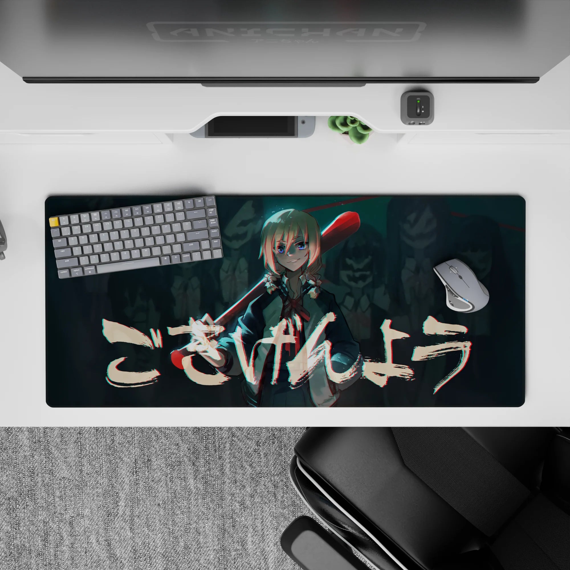 Teal shadows and glitchy red highlights anime desk pad 36x16 inches, late-night arcade cyber vibe.