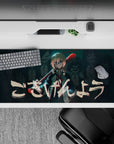 Teal shadows and glitchy red highlights anime desk pad 36x16 inches, late-night arcade cyber vibe.