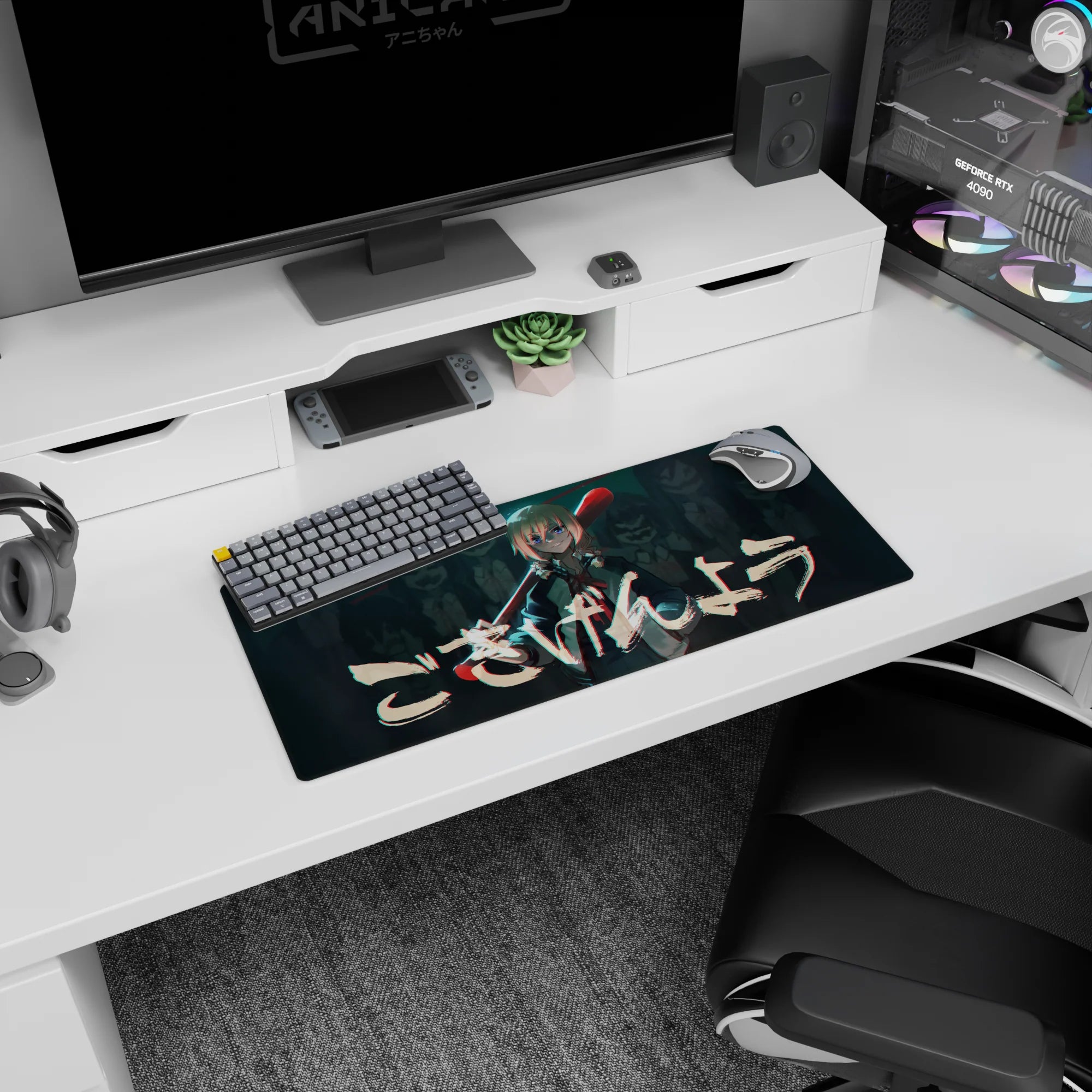 28x12 inches anime mouse pad showing cool girl in dark uniform with ribbon tie, bat on shoulder, calm stare.