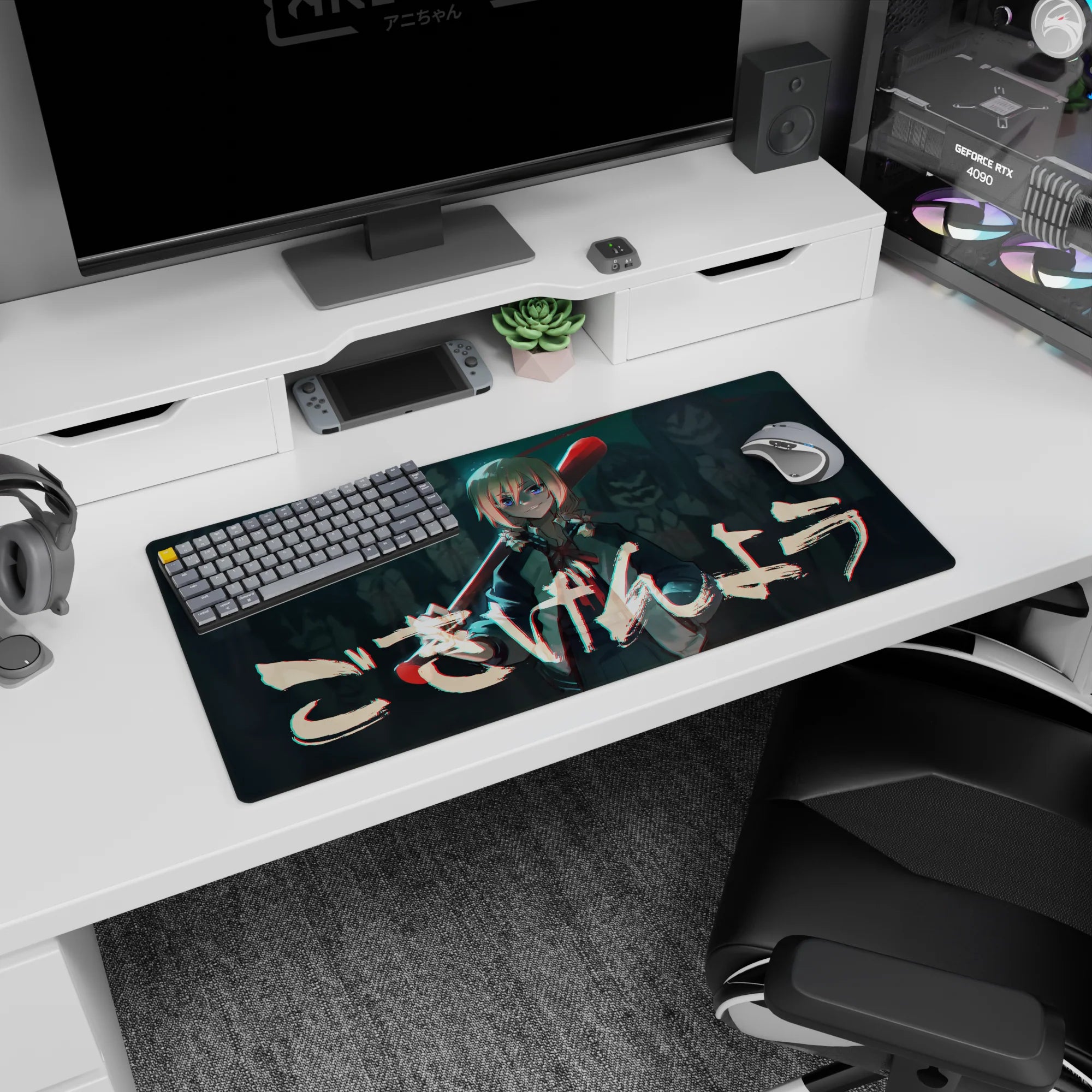 32x16 inches anime mouse pad featuring calm-eyed girl in dark uniform, ribbon tie, bat, and blurred crowd.