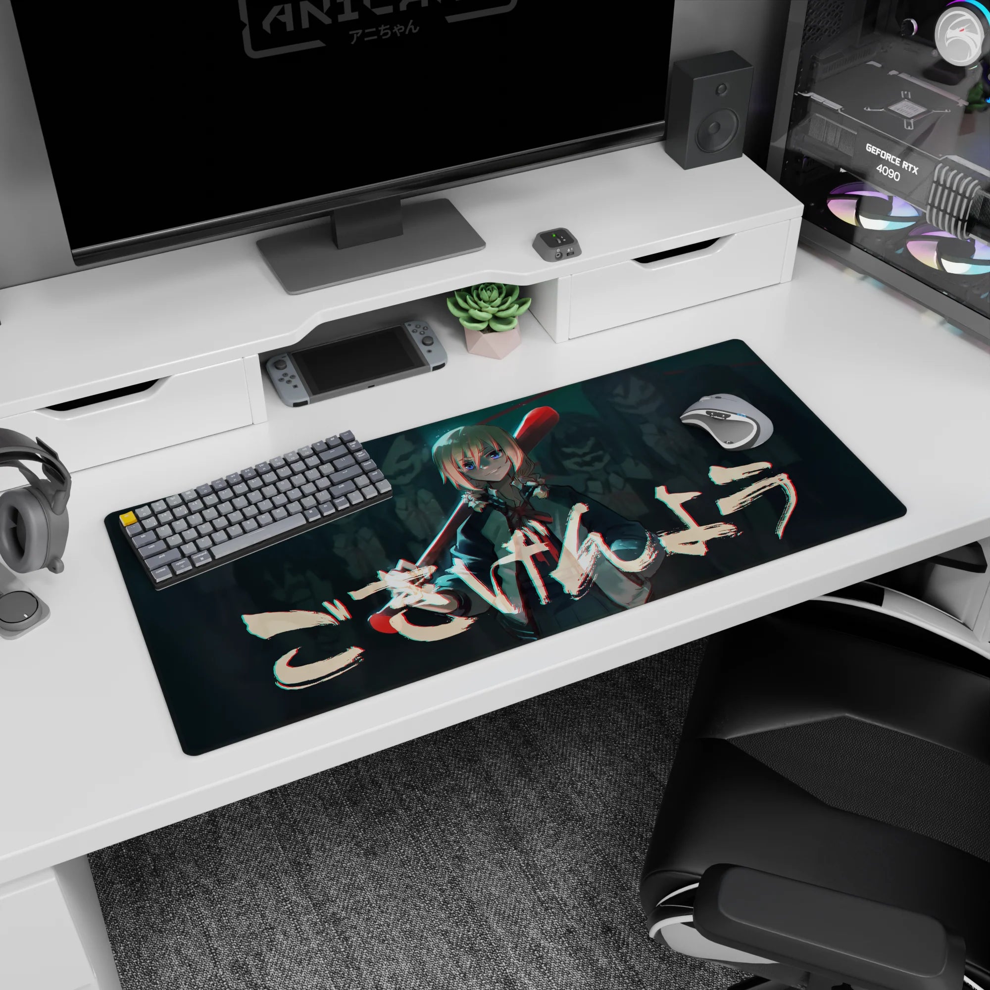 Cool anime girl in dark uniform with ribbon tie, red bat on shoulder on desk pad 36x16 inches.
