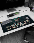 Cool anime girl in dark uniform with ribbon tie, red bat on shoulder on desk pad 36x16 inches.