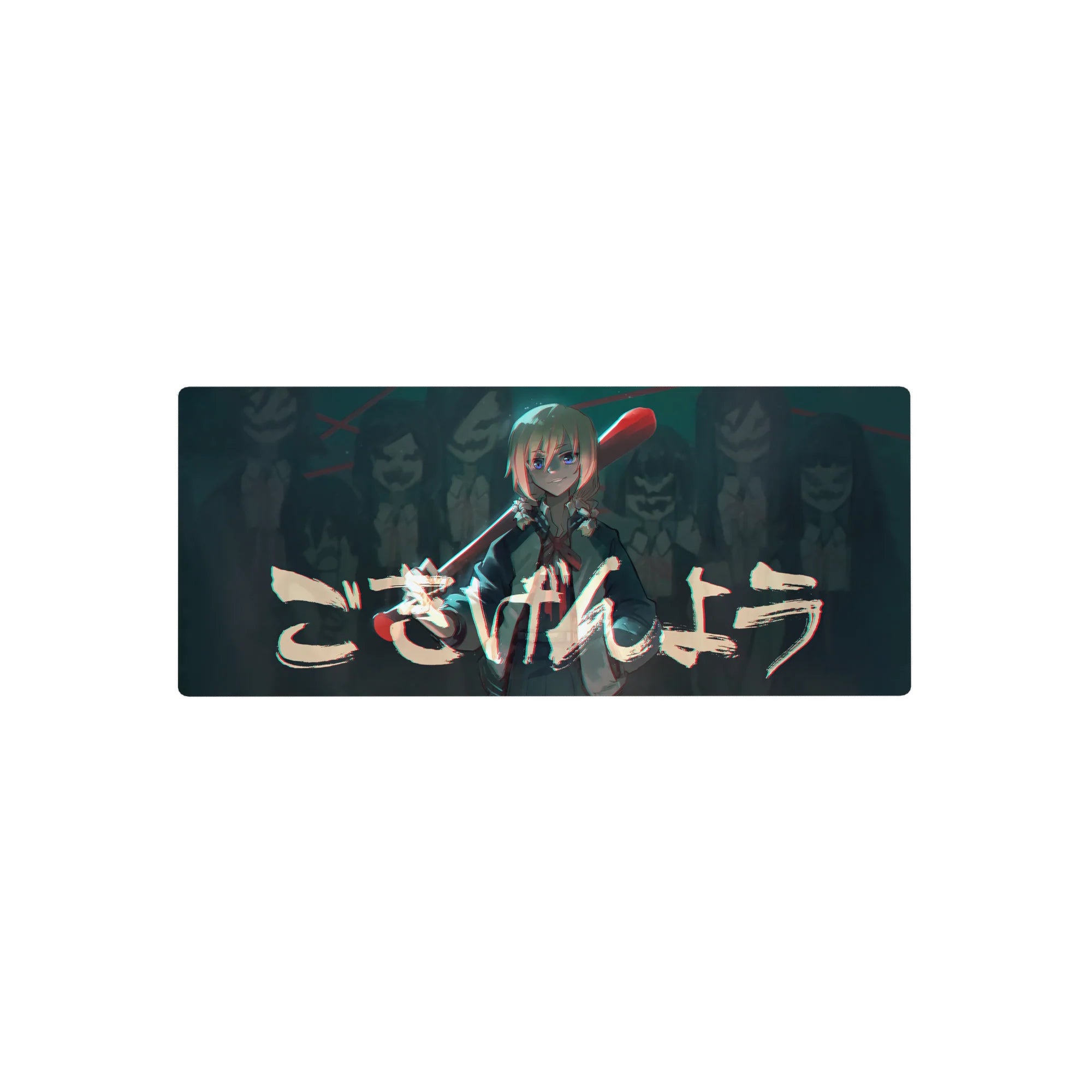28x12 inches anime mouse pad with fearless girl and red bat, arcade crowd backdrop, brushstroke text.