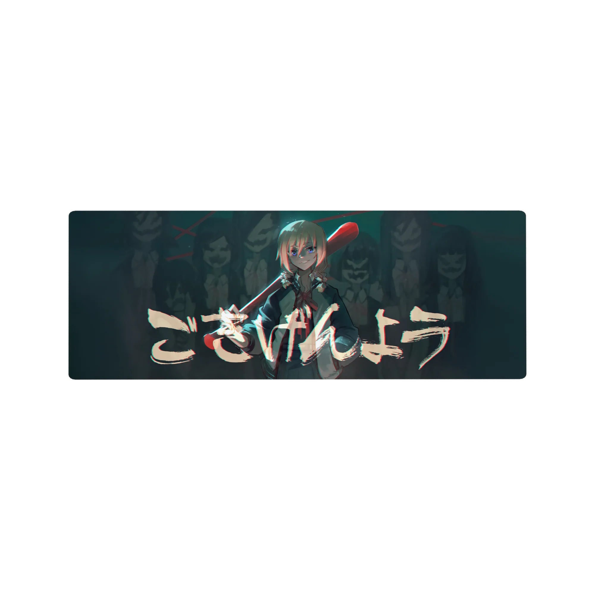 32x12 inches anime mouse pad with fearless girl and red bat, arcade crowd backdrop, bold brush lettering.