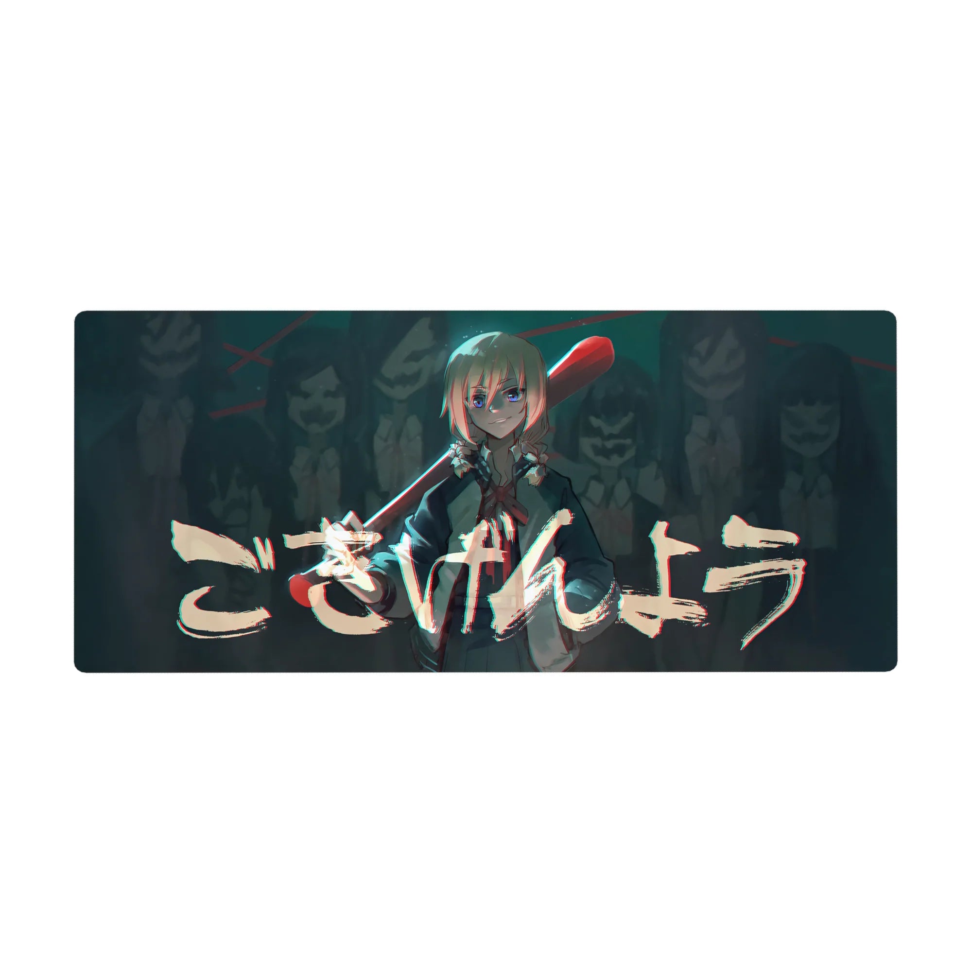 Anime desk pad 36x16 inches with fearless girl and red bat, arcade crowd backdrop, bold brush lettering.