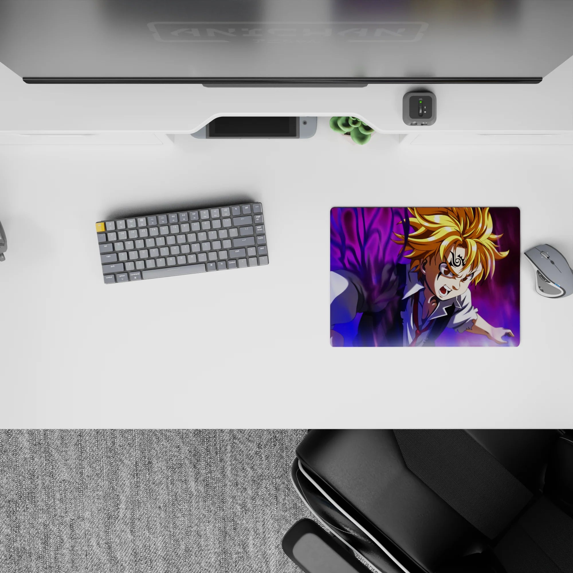 Classic anime mouse pad 14x10 inches in purple-black storm energy with rich shadows and intense action mood.