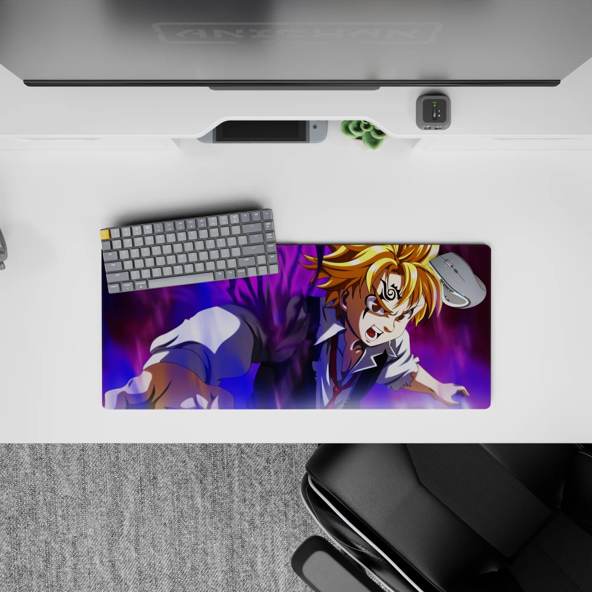 28x12 inches anime mouse pad in purple-black energy storm tones, high contrast shadows, intense vibe.