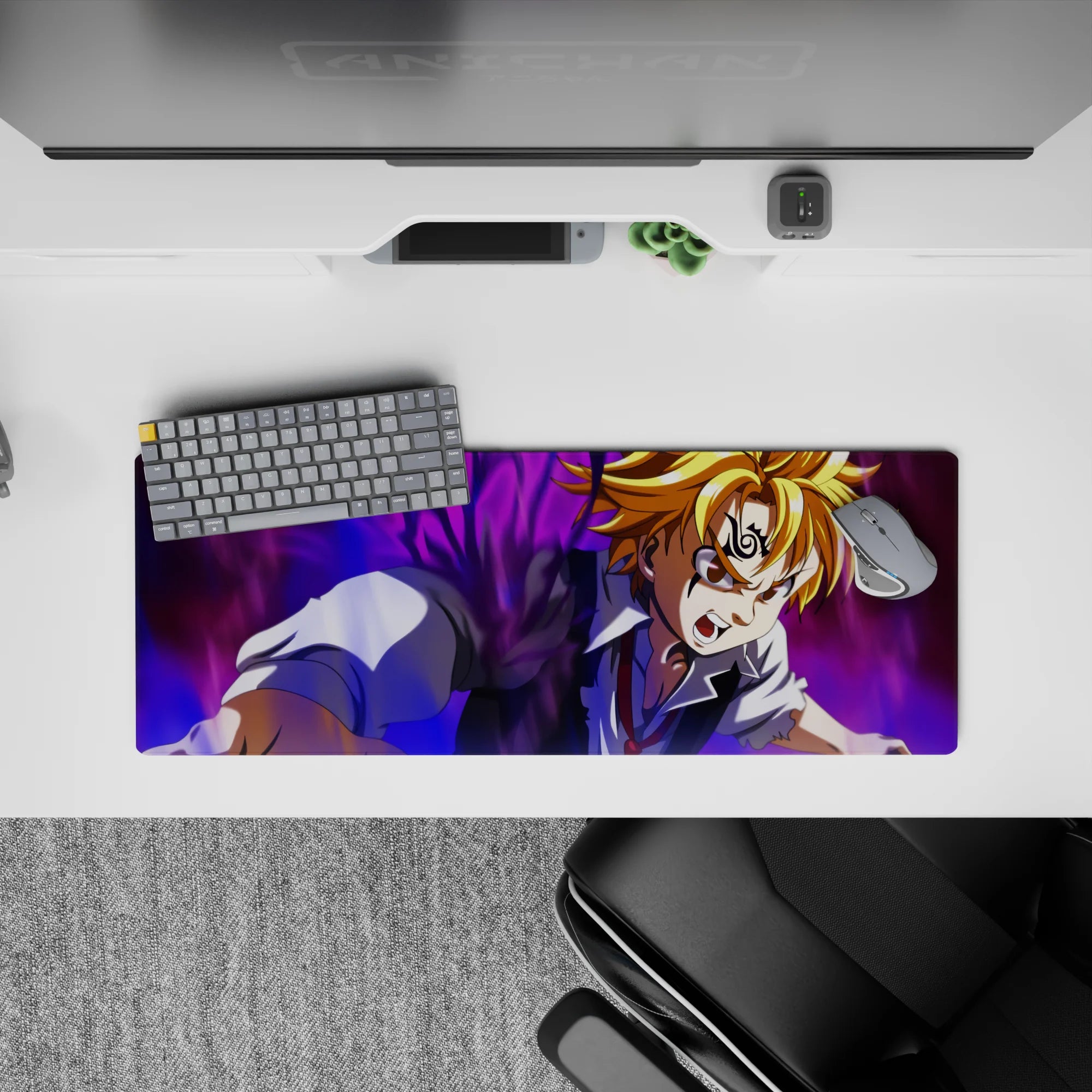 32x12 inches anime mouse pad with purple-black swirling energy, golden hair, and intense stormy action vibe.