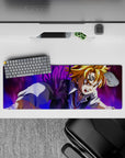 32x12 inches anime mouse pad with purple-black swirling energy, golden hair, and intense stormy action vibe.