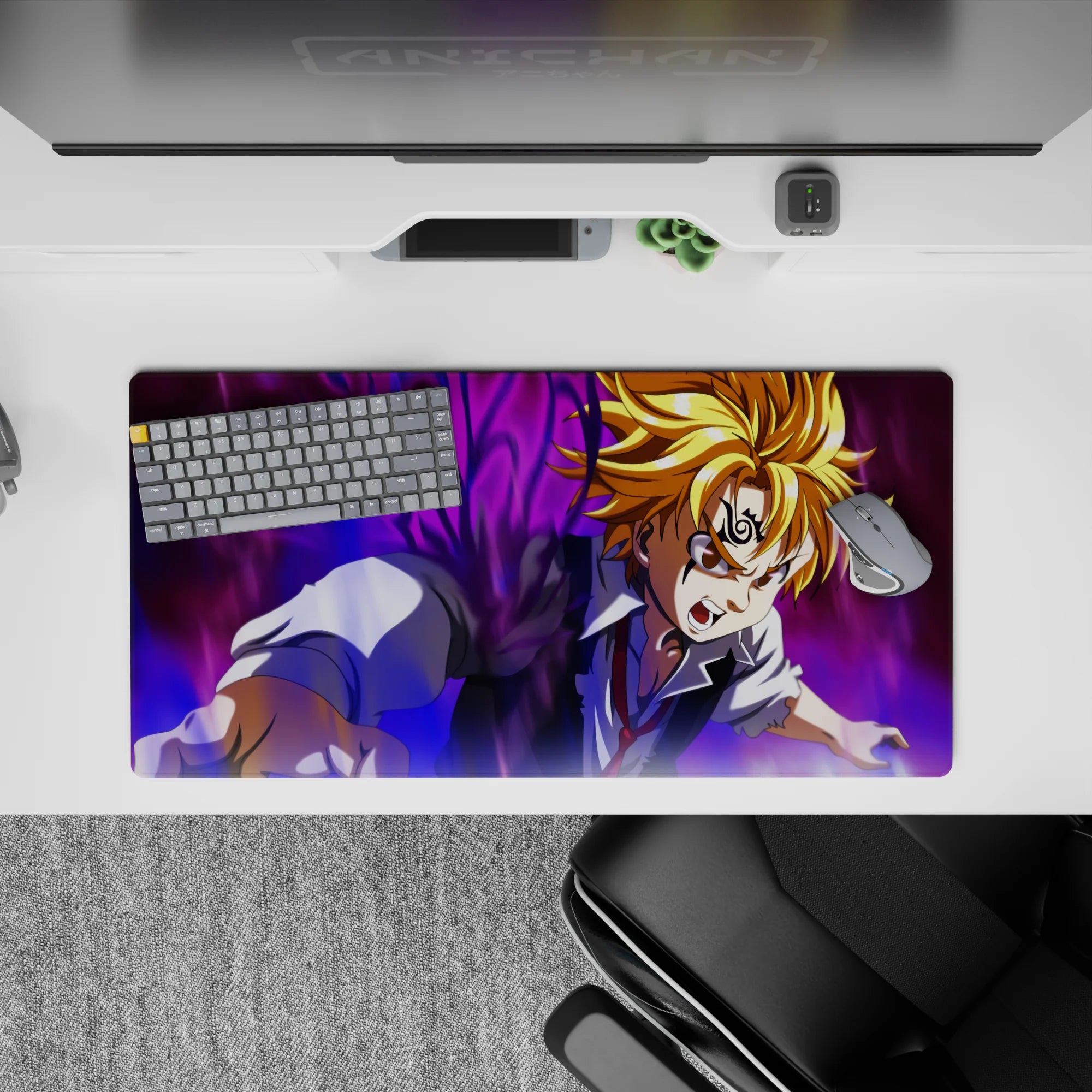 32x16 inches anime mouse pad in purple-black energy tones, stormy action mood with rich shadows.