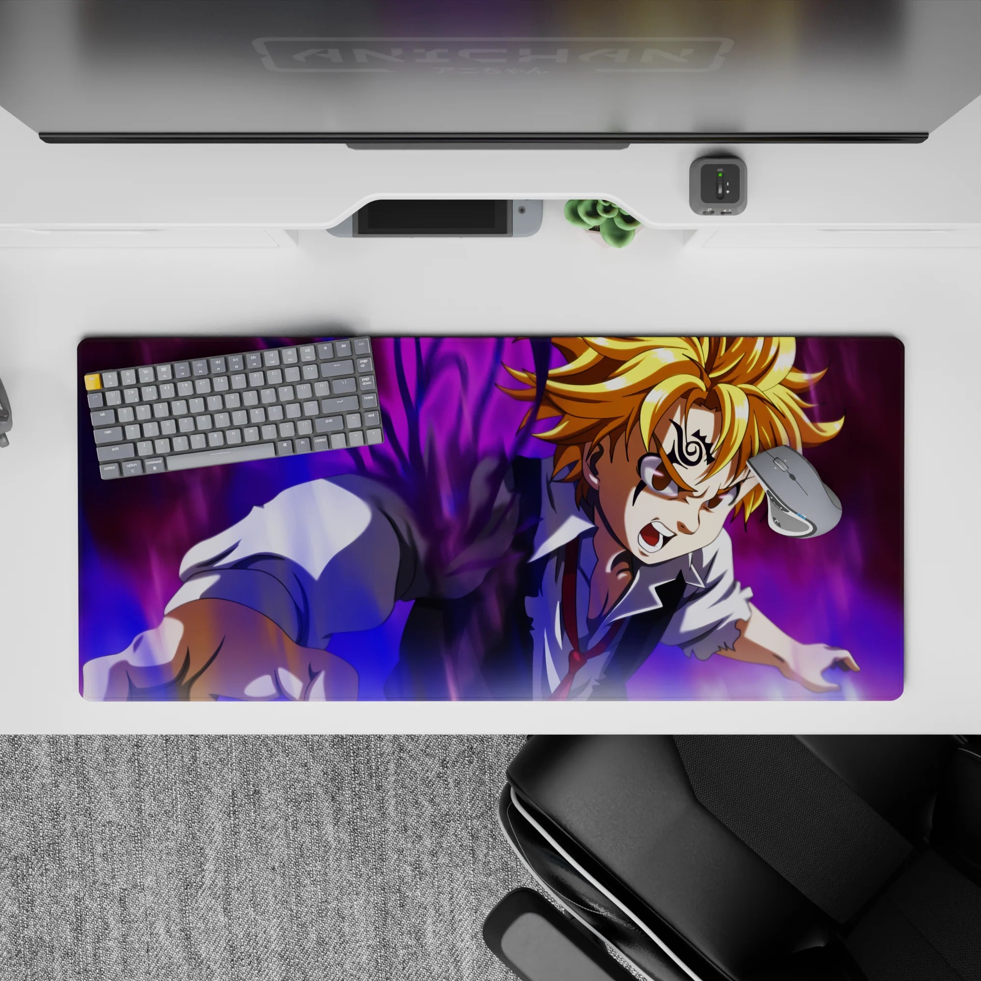Dark purple-black aura and golden hair battle mood anime desk pad, 36x16 inches.
