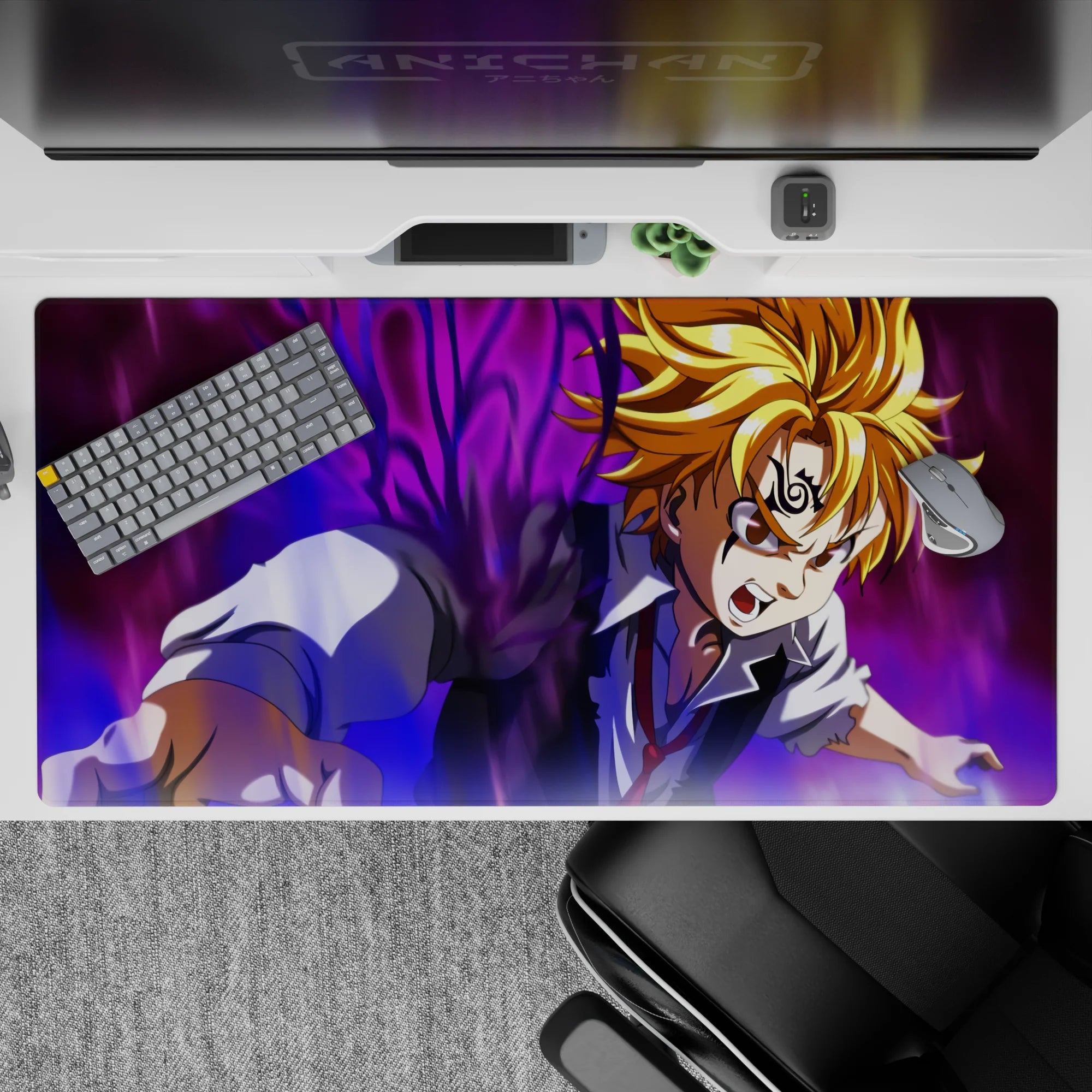 40x20 inches anime desk pad in purple-black energy storm with golden hair highlights, intense battle mood.