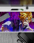 40x20 inches anime desk pad in purple-black energy storm with golden hair highlights, intense battle mood.