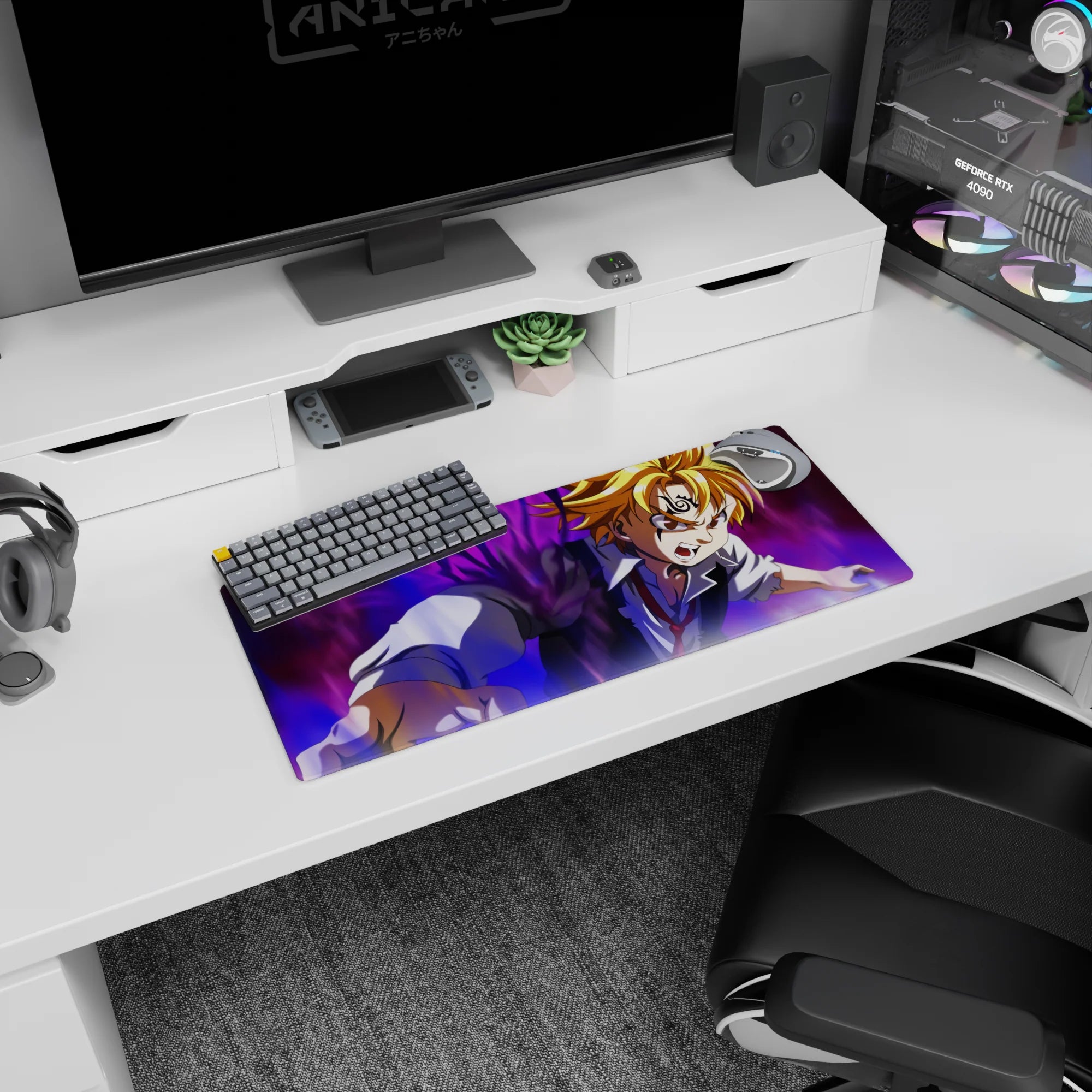 28x12 inches Meliodas anime mouse pad, demon mark blazing as he lunges forward with golden hair flying.