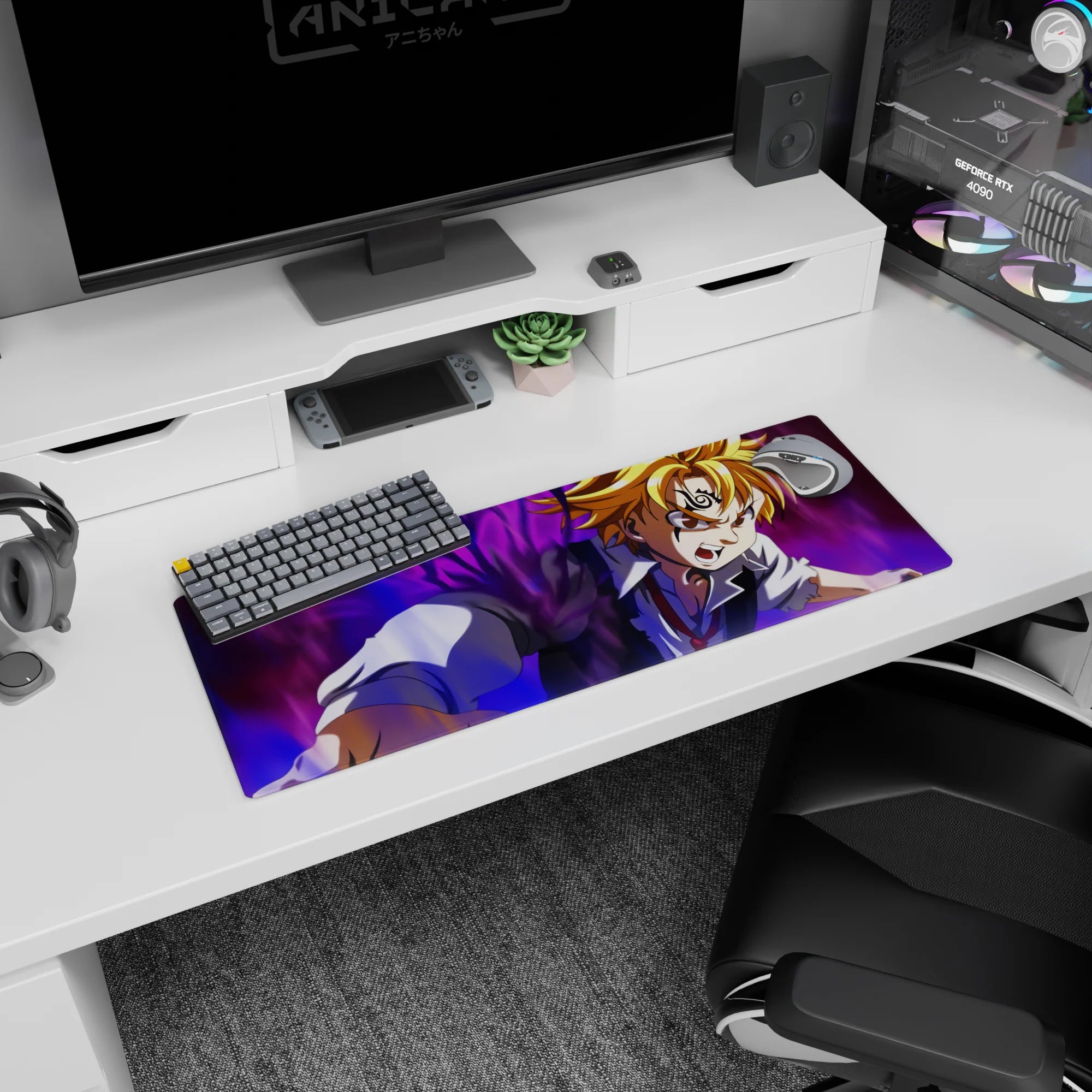 32x12 inches Meliodas anime mouse pad, demon mark glowing as he lunges forward in a fierce fight scene.