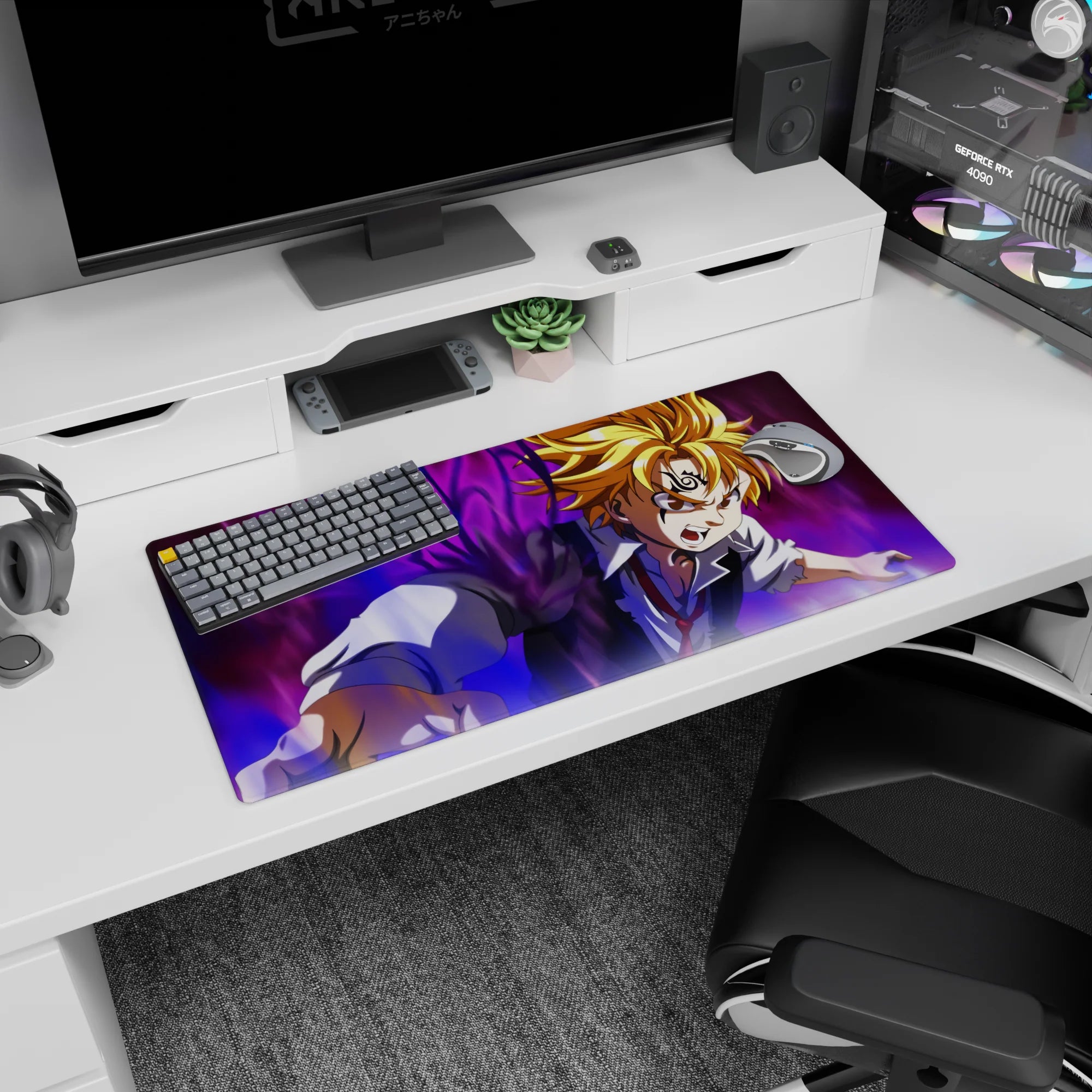 32x16 inches anime mouse pad showing Meliodas lunging forward, demon mark glowing, red tie loose.