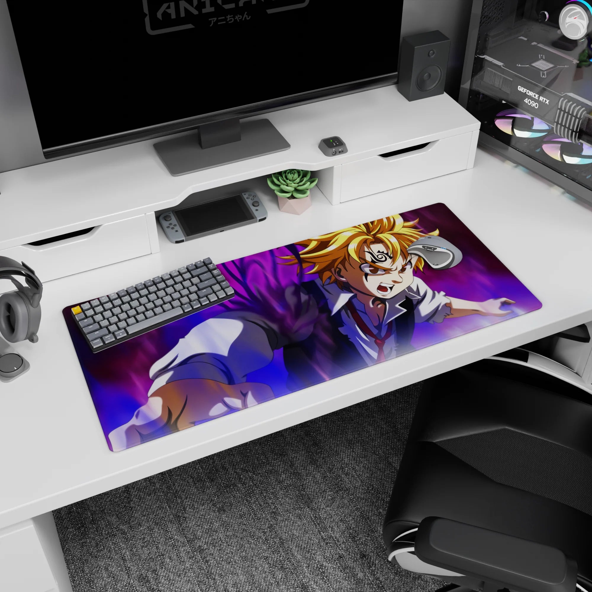 Meliodas lunging forward with glowing demon mark and red tie, anime desk pad 36x16 inches.